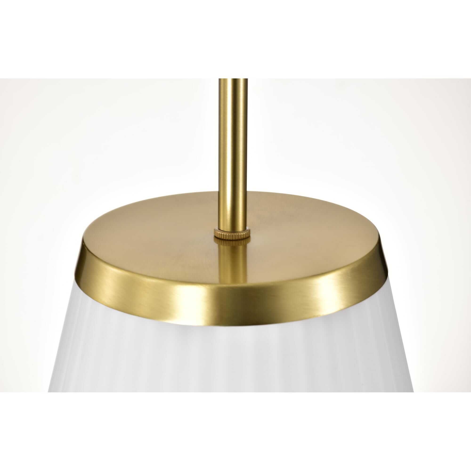 Shown in Burnished Brass finish and Ribbed White glass