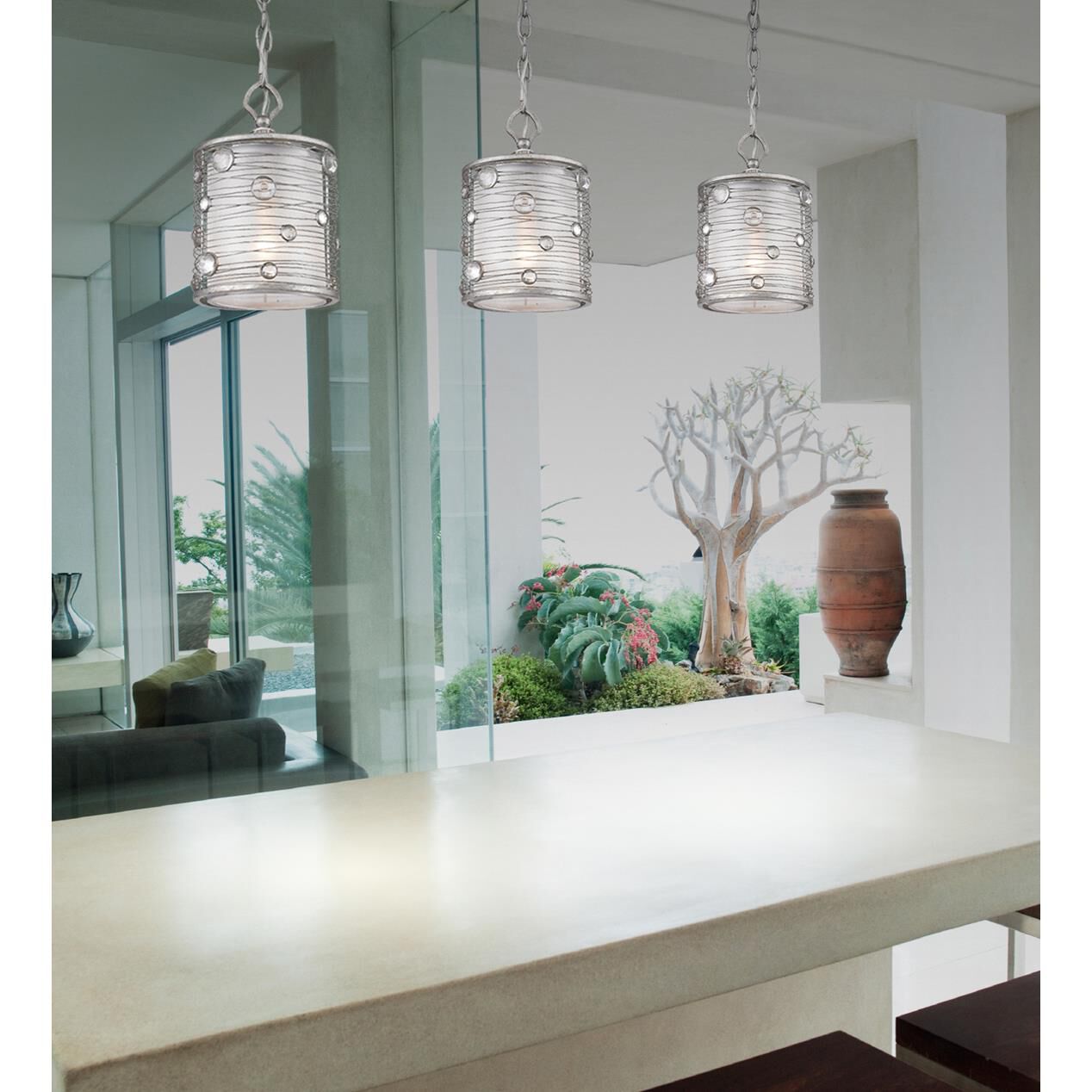 Shown in Peruvian Silver finish and Leaded Crystal Accents crystal and Sterling Mist shade