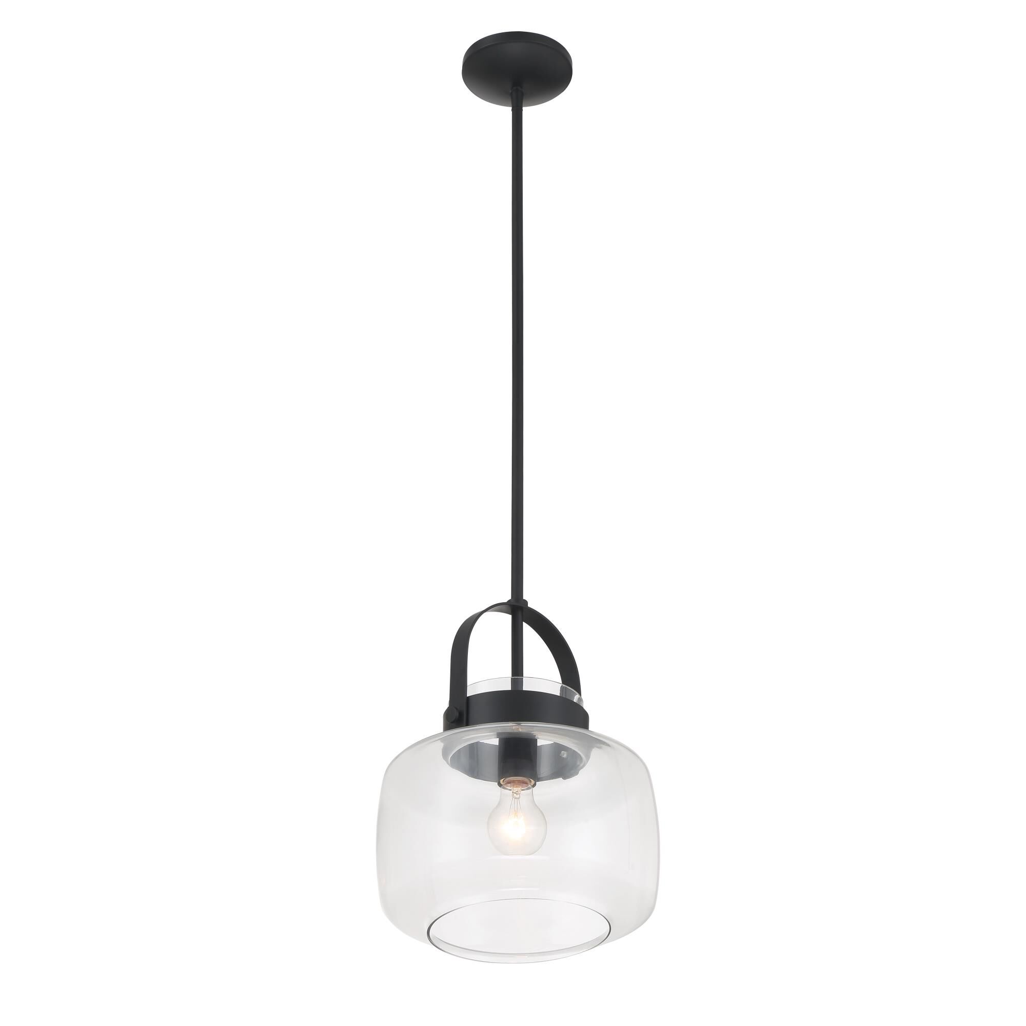 Shown in Dark Matte Black finish and Clear glass and Glass shade