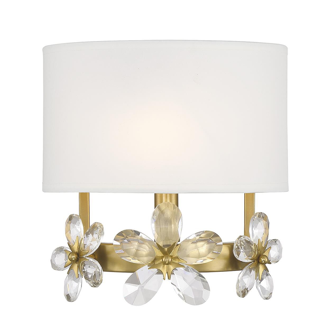 Shown in Warm Brass finish and Clear crystal and White Linen Fabric shade