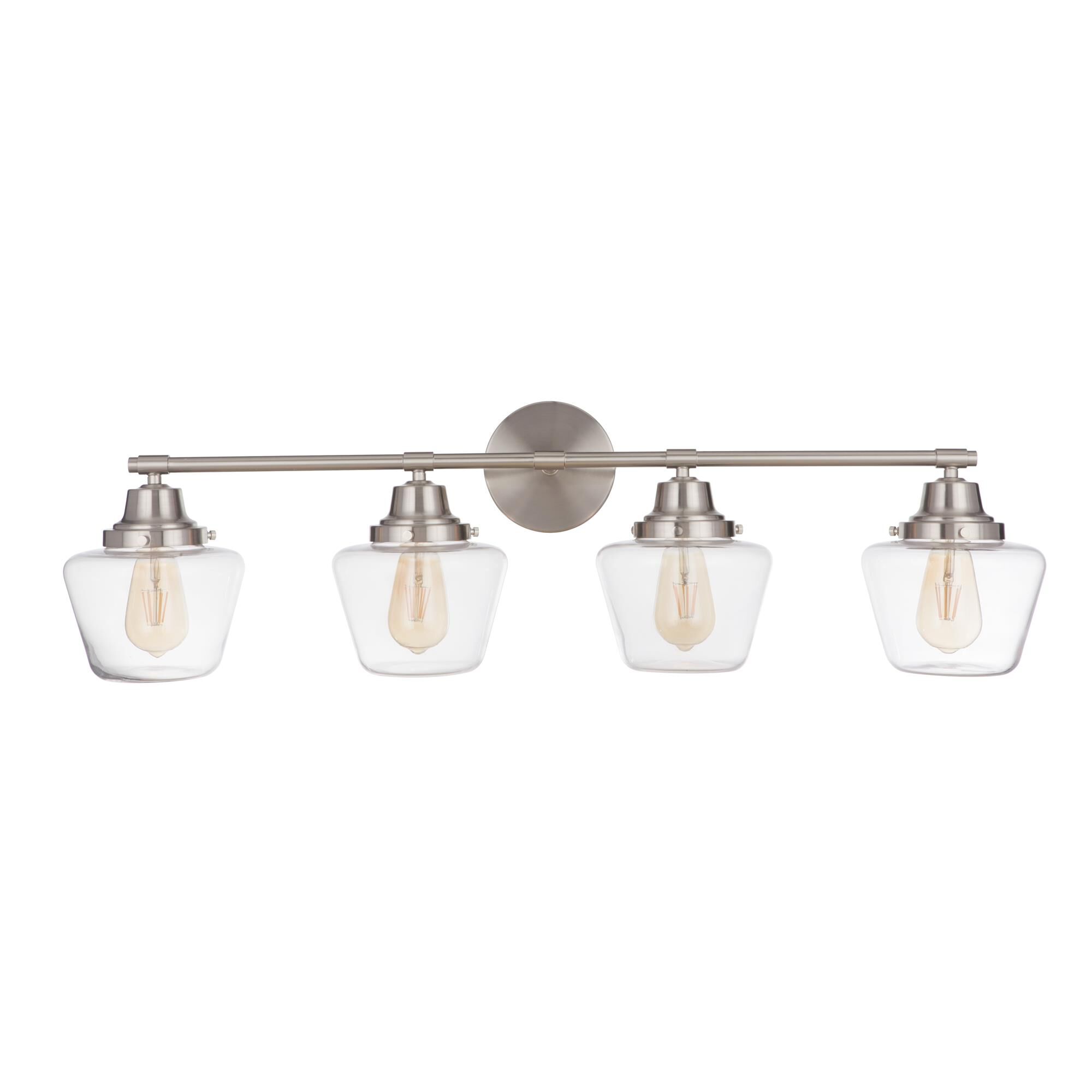 Shown in Brushed Polished Nickel finish and Clear glass and Glass shade
