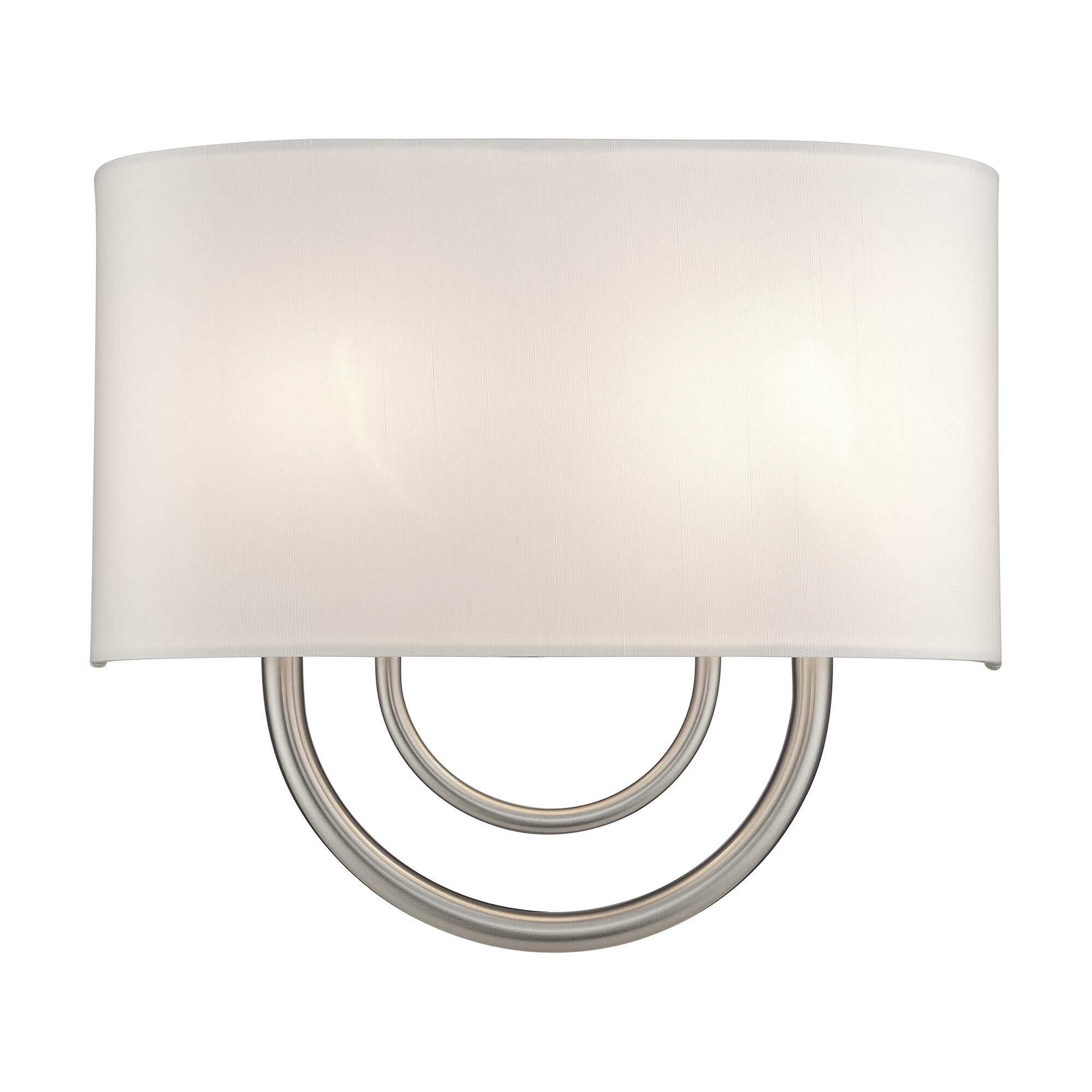 Shown in Brushed Nickel finish and Hand Crafted Off-White Fabric Hardback with White Fabric Inside shade