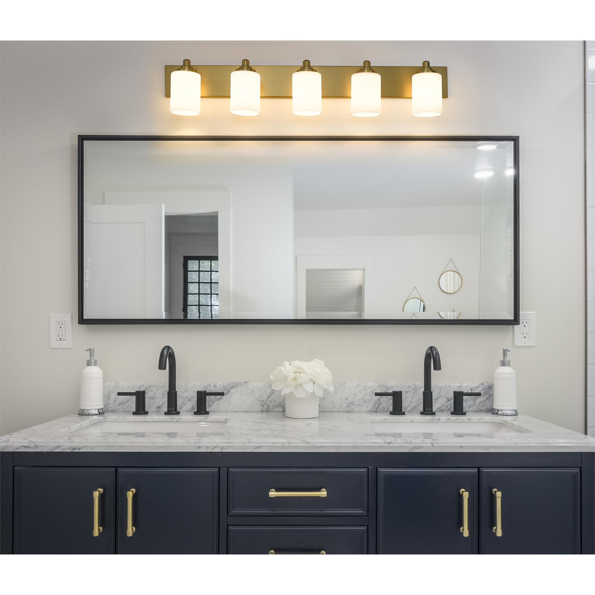 Shown in Brushed Gold finish and White glass