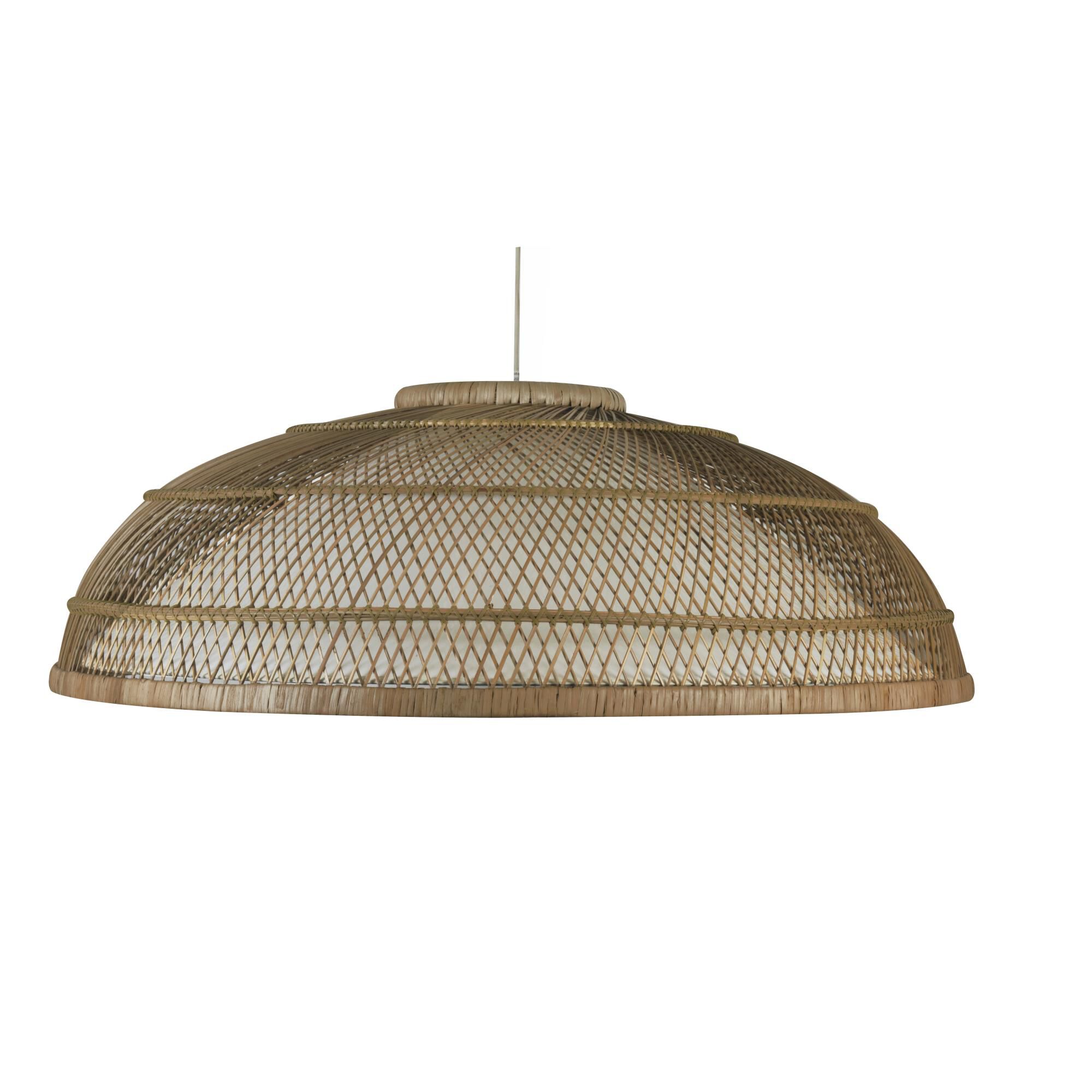 Shown in Satin Nickel finish and Brown Rattan shade