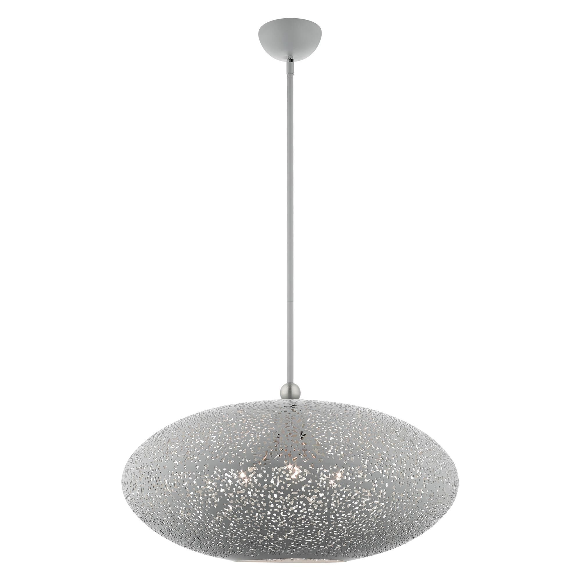Shown in Nordic Gray With Brushed Nickel Accents finish and Nordic Gray Filigreed Metal Shade With White Finish Inside glass and Nordic Gray Filigreed Metal  With White Finish Inside shade