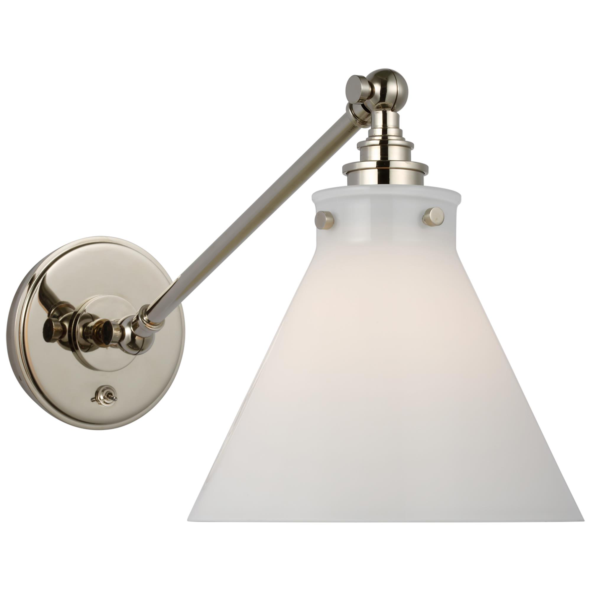 Shown in Polished Nickel finish and White glass