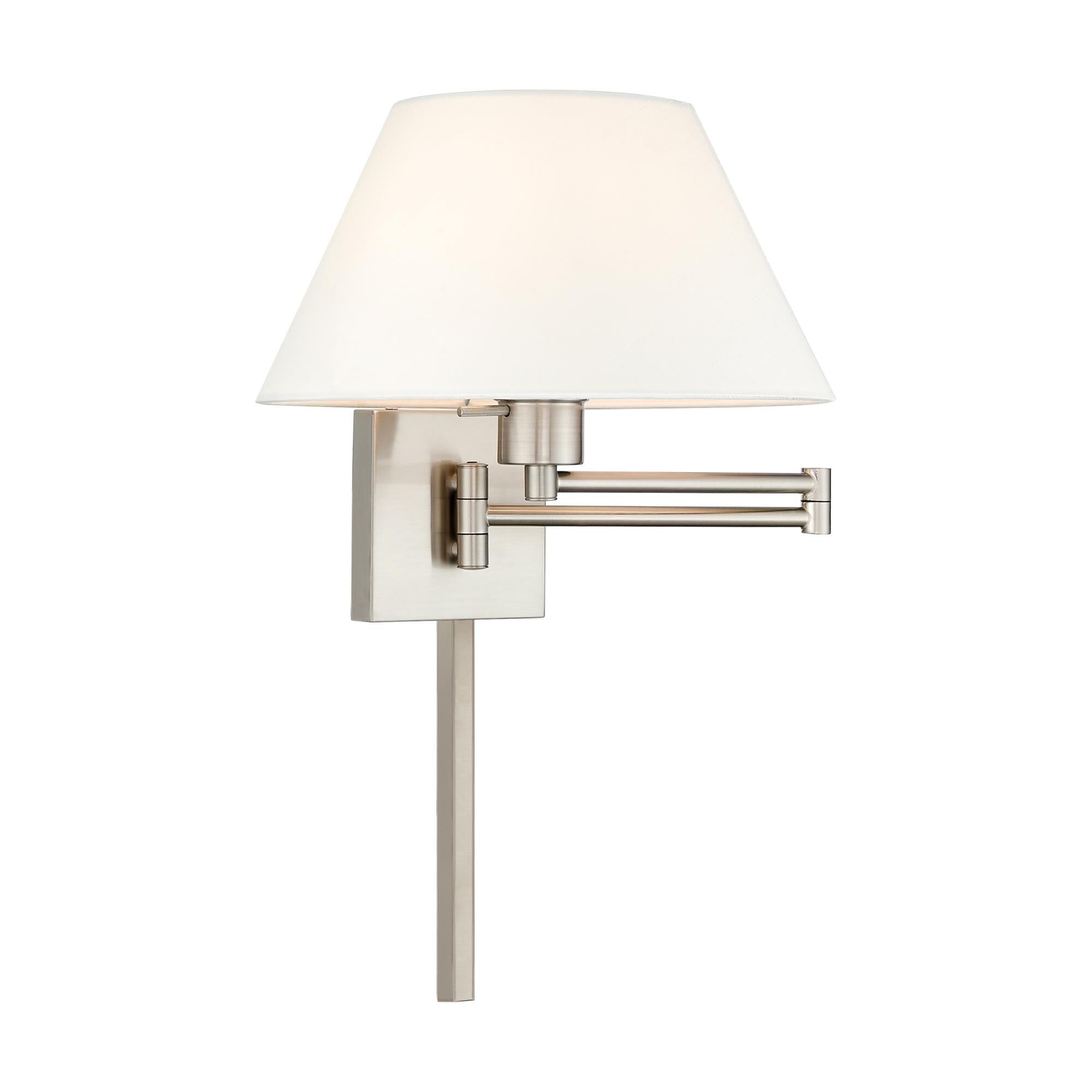 Shown in Brushed Nickel finish and Hand Crafted Off-White Fabric Hardback shade