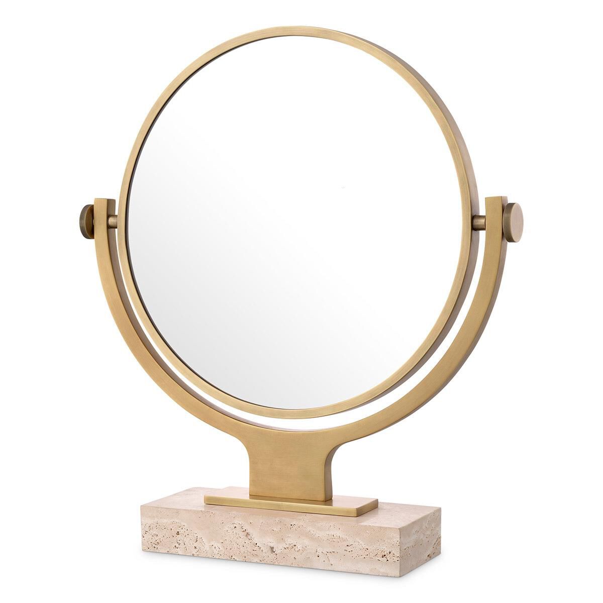 Shown in Antique Brass, Mirror Glass, Travertine finish