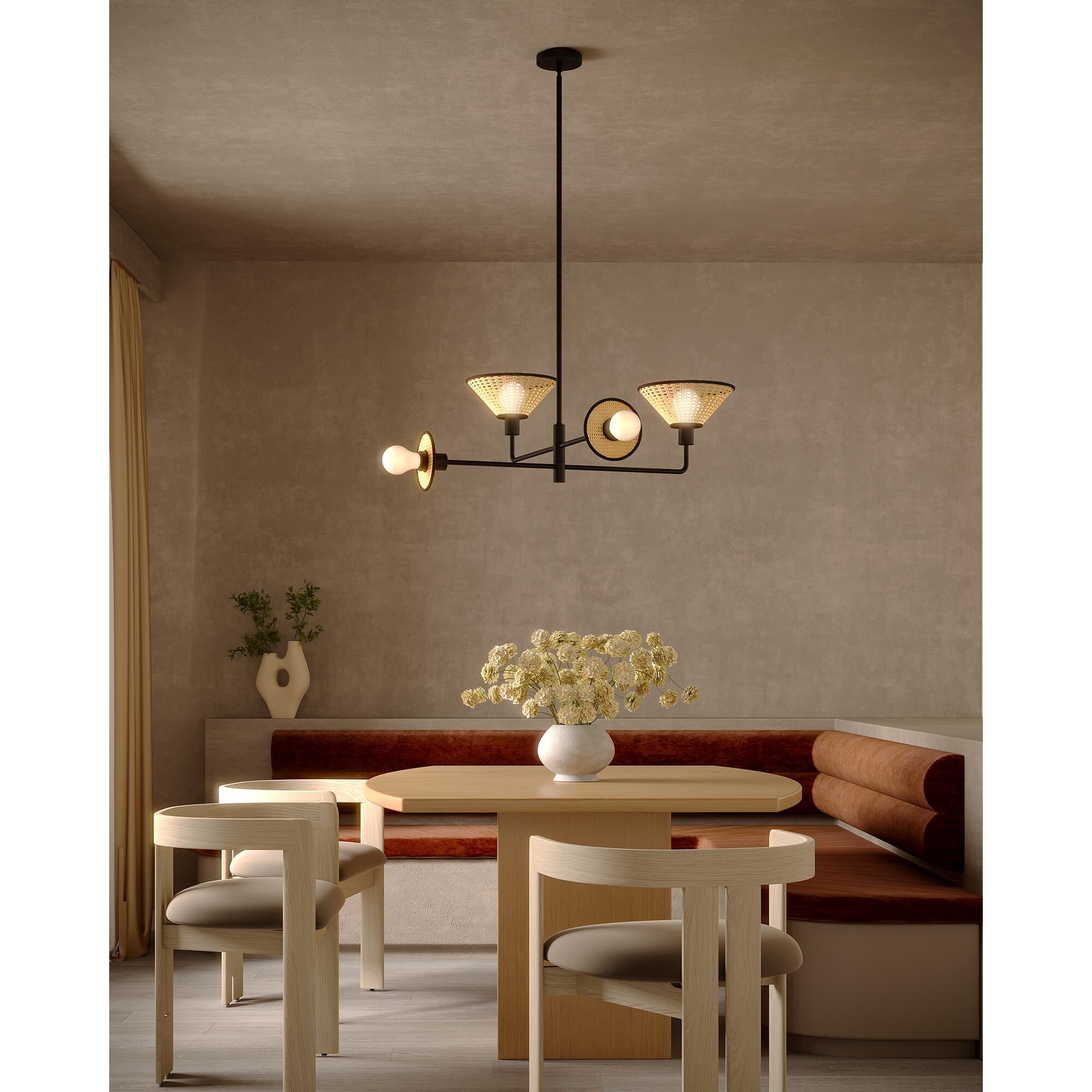 Shown in Matte Black finish and Rattan shade