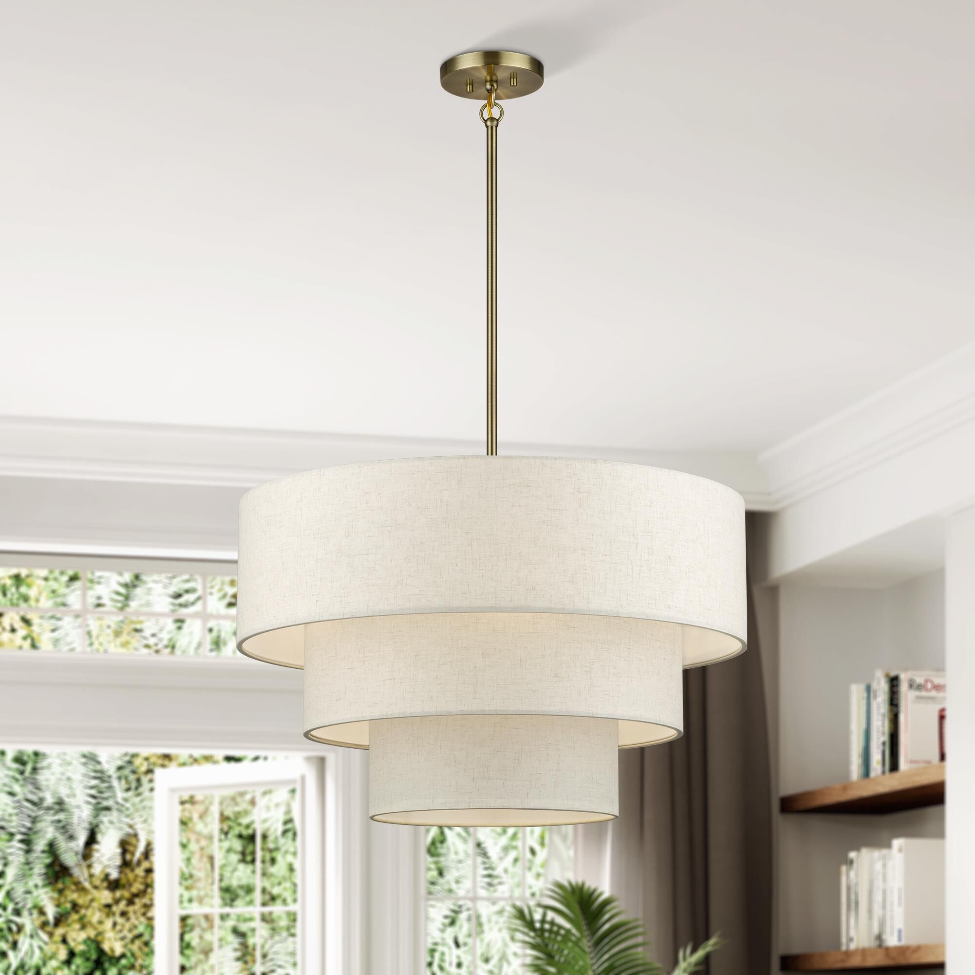 Shown in Antique Brass finish and Hand Crafted Oatmeal Color Fabric with White Color Inside shade