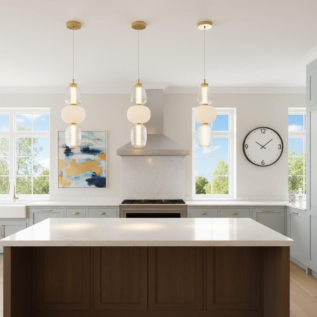 Shown in Brass finish and White/Clear glass