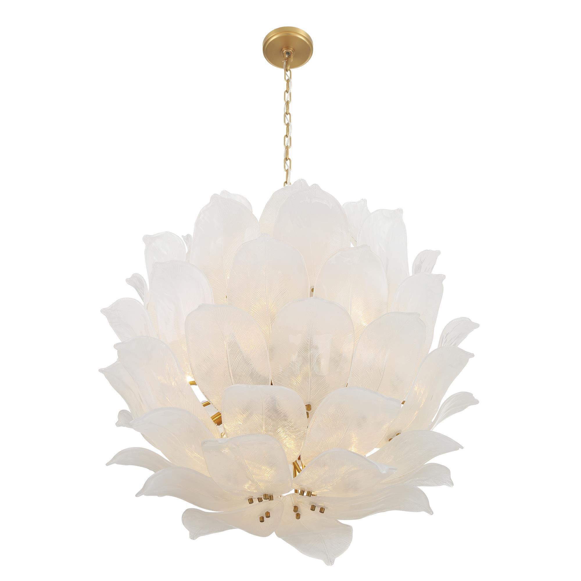 Shown in Legacy Brass finish and White Handmade glass