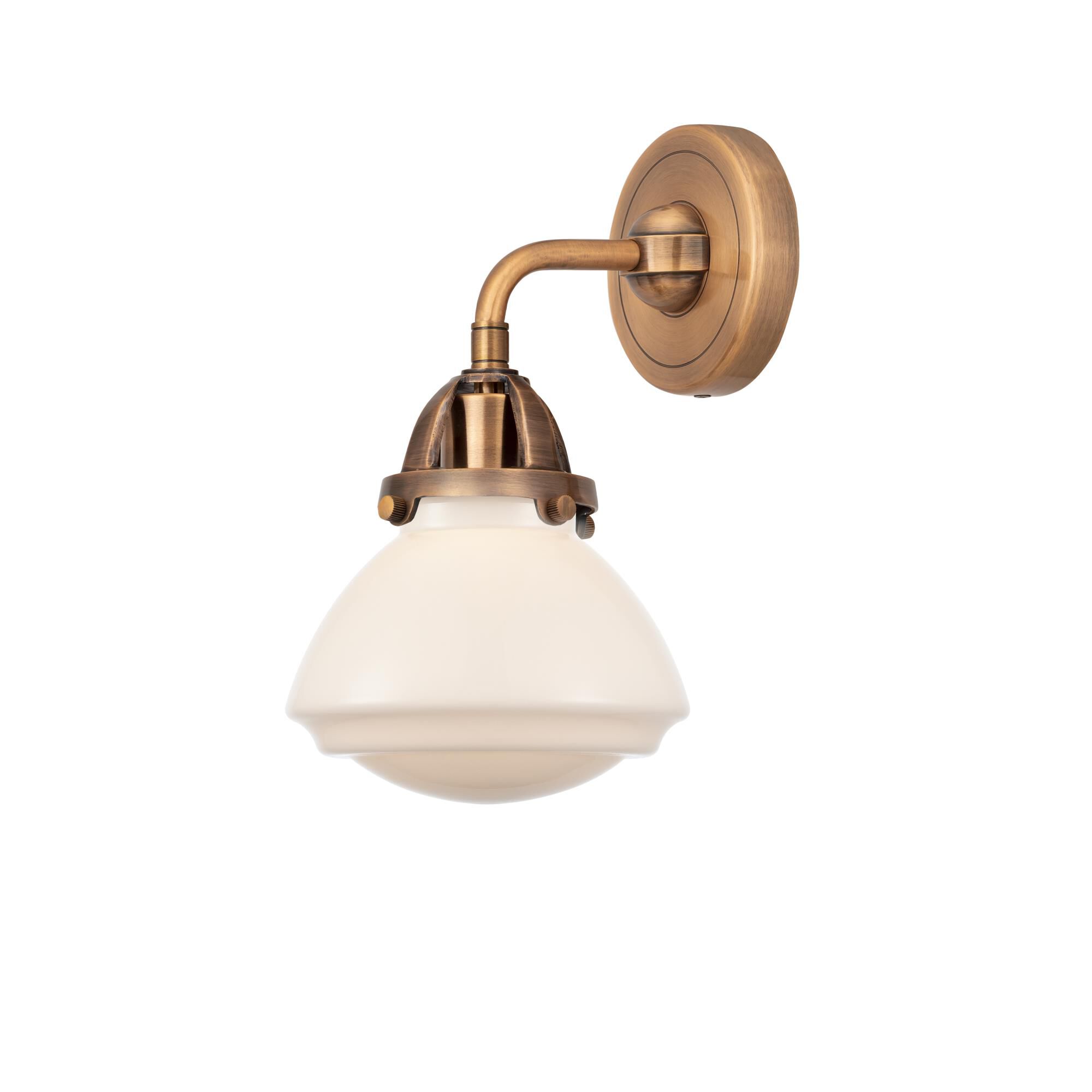 Shown in Antique Copper finish and Matte White Olean glass and No Shade shade