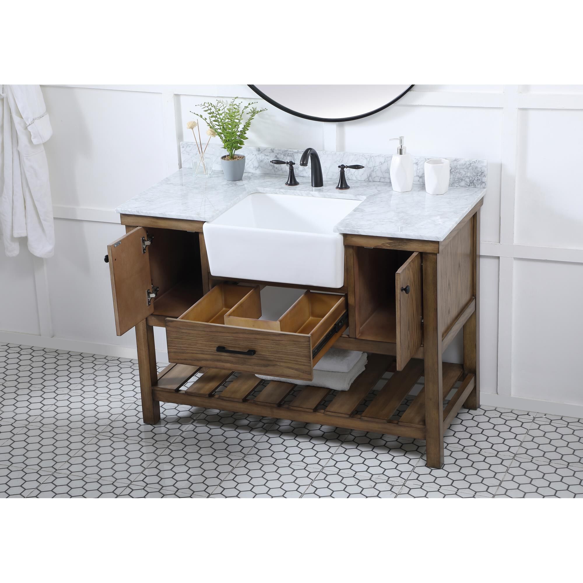 Shown in Driftwood finish and With Backsplash accent