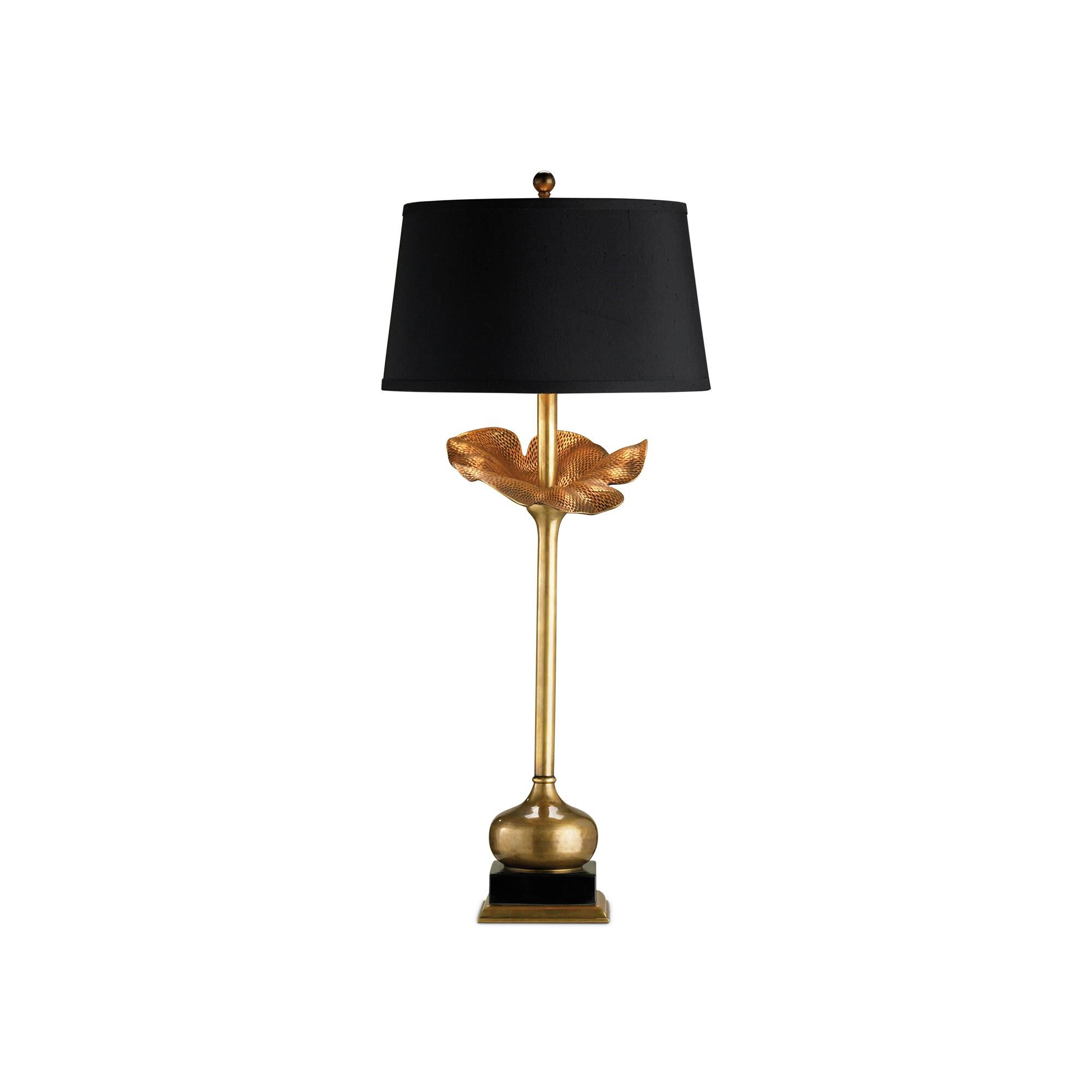 Shown in Antique Brass finish and Black Shantung shade