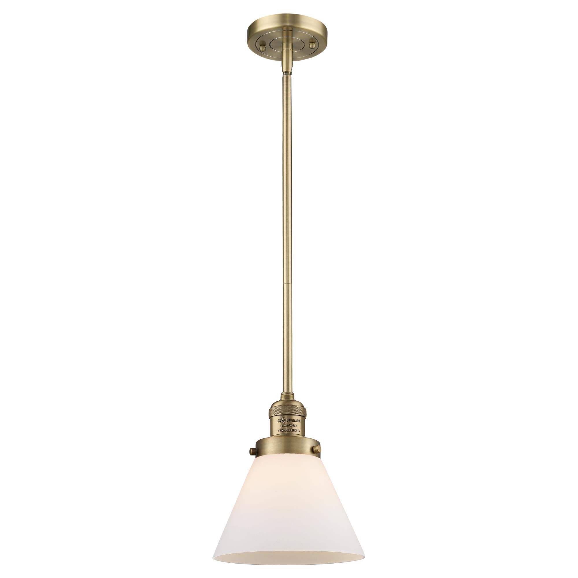 Shown in Brushed Brass finish and Matte White Cased glass