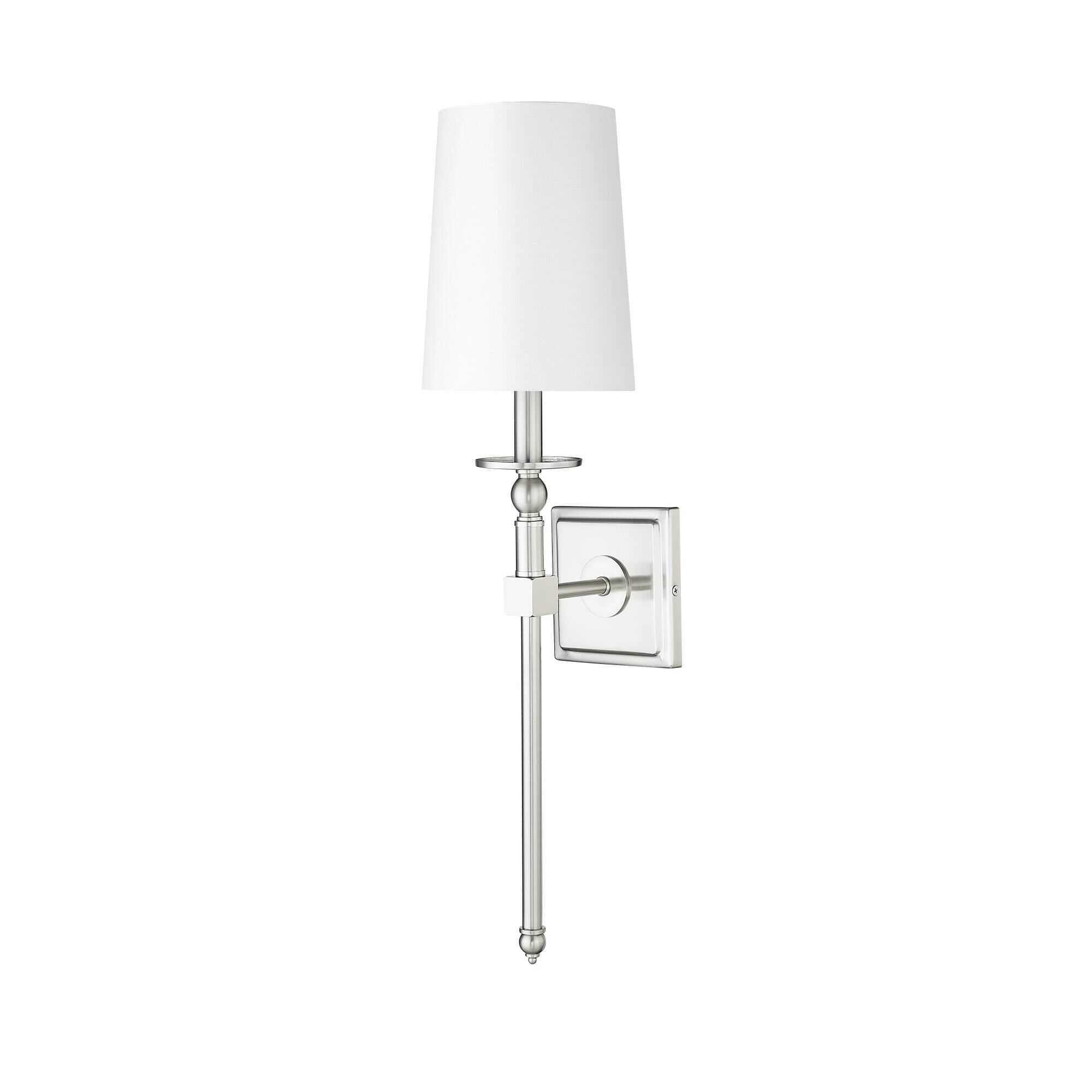 Shown in Brushed Nickel finish and White Linen shade