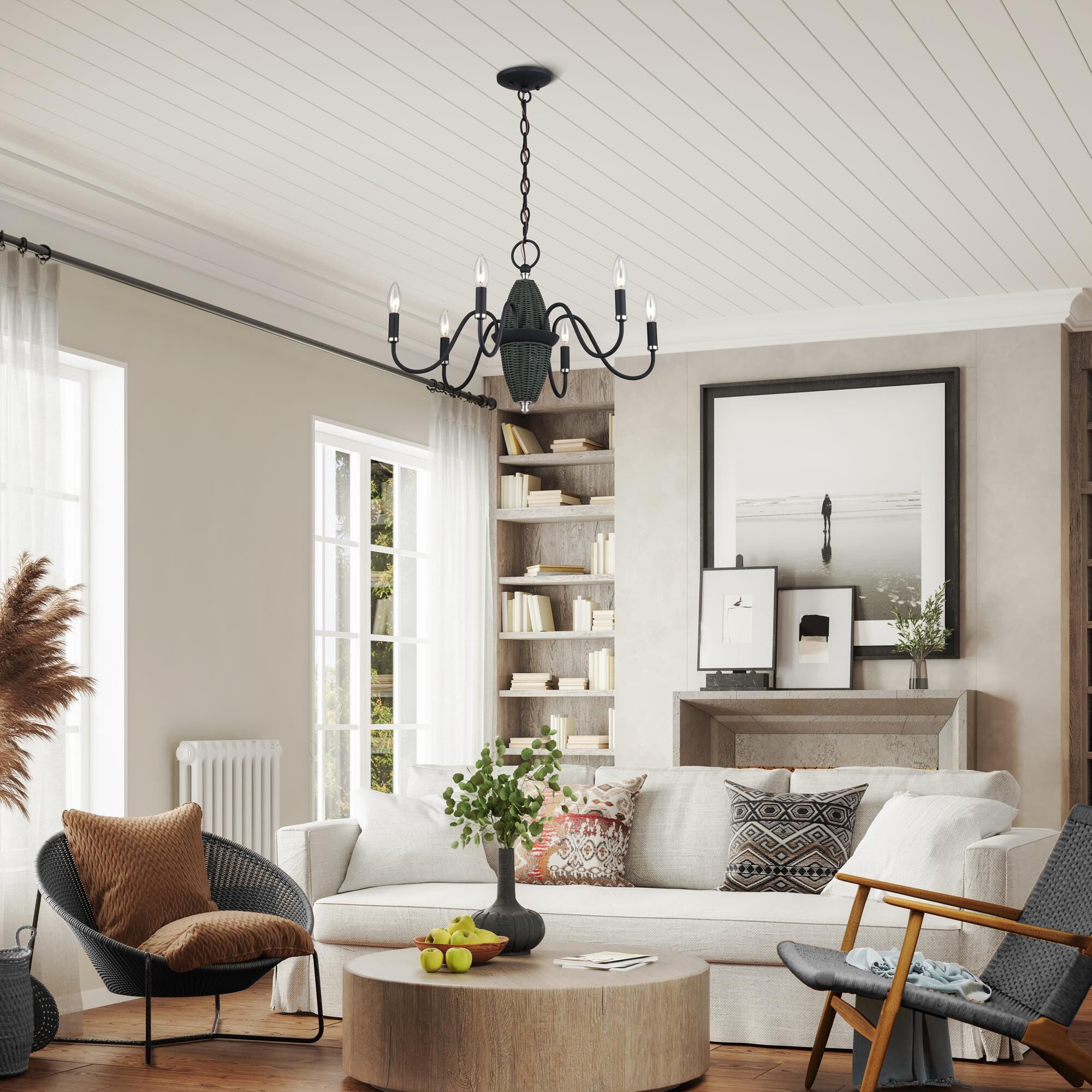 Shown in Black with Brushed Nickel Accents finish and Hand-Woven Charred Gray Color Rattan Column shade