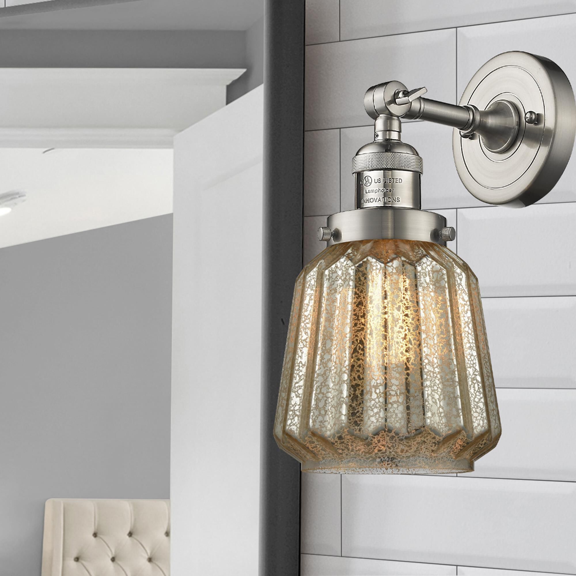 Shown in Brushed Satin Nickel finish and Mercury Fluted glass