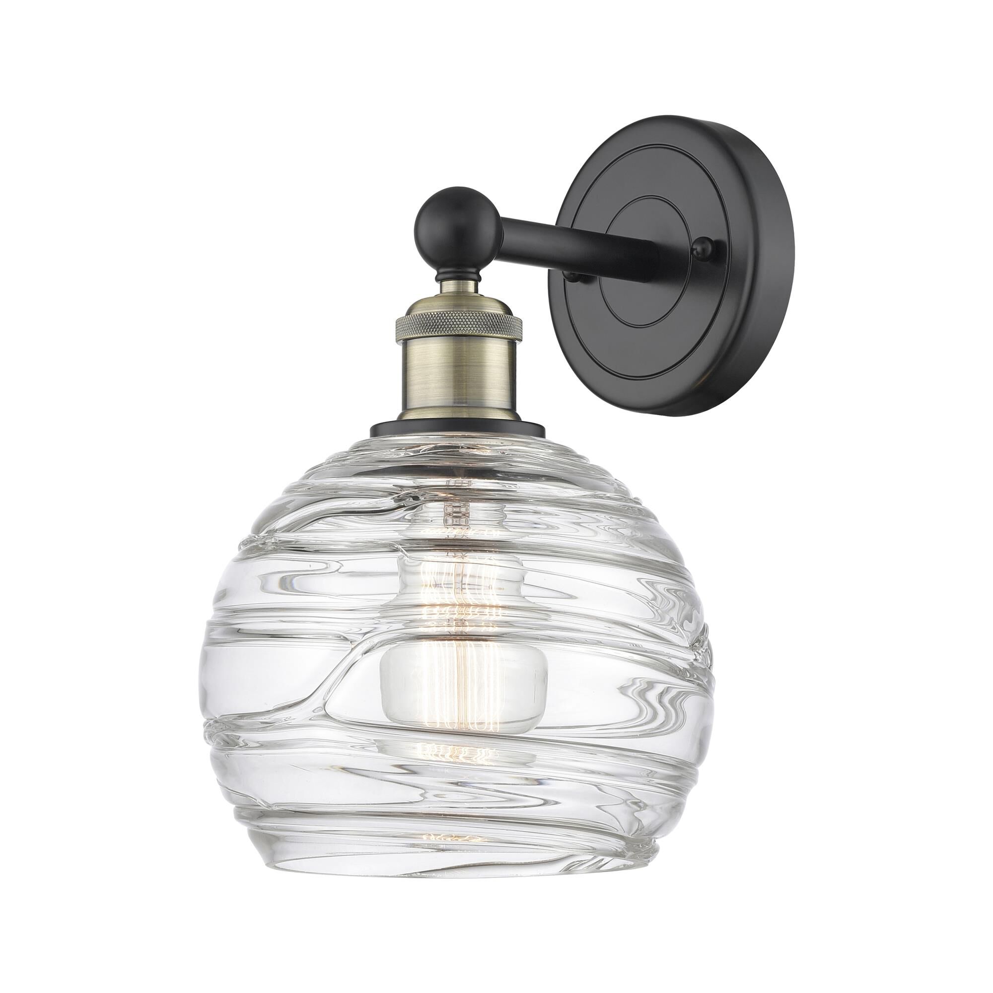Shown in Black Antique Brass finish and Clear Deco Swirl glass