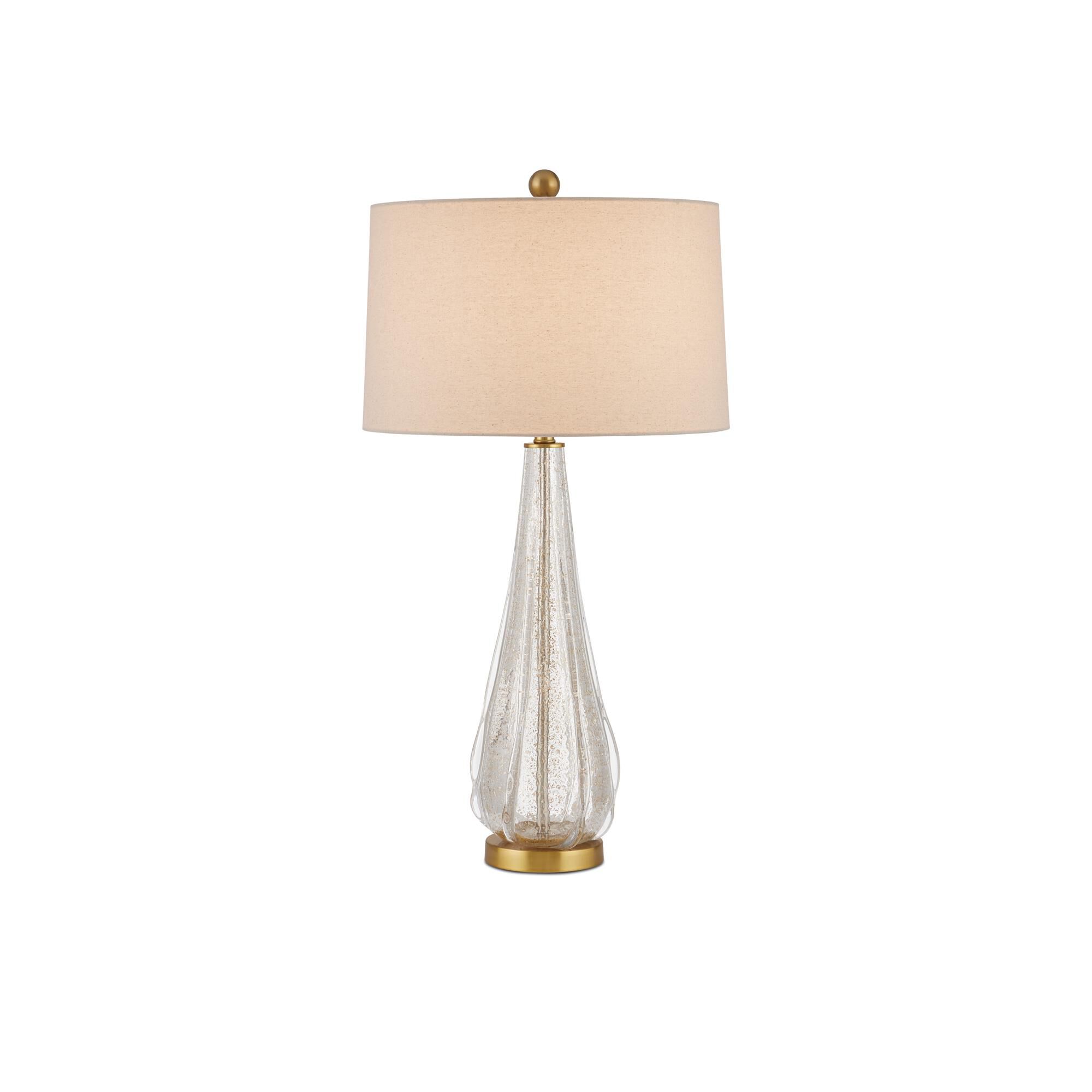 Shown in Clear/Gold/Antique Brass finish and Beige Linen shade