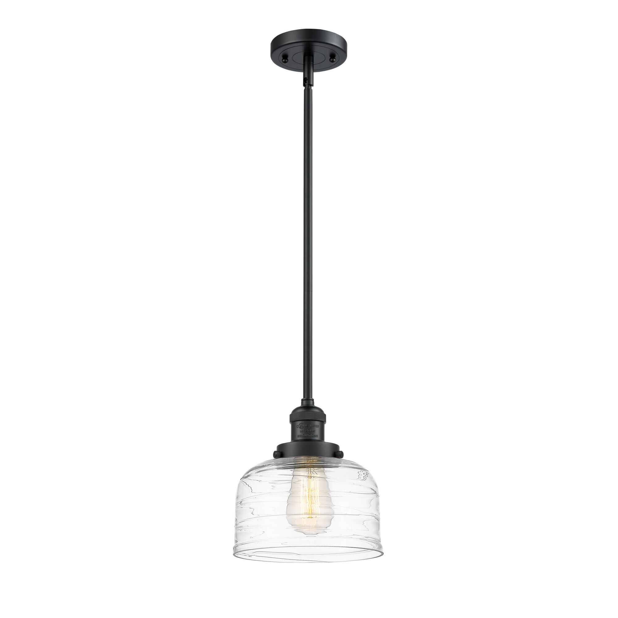 Shown in Matte Black finish and Clear Deco Swirl Large Bell glass