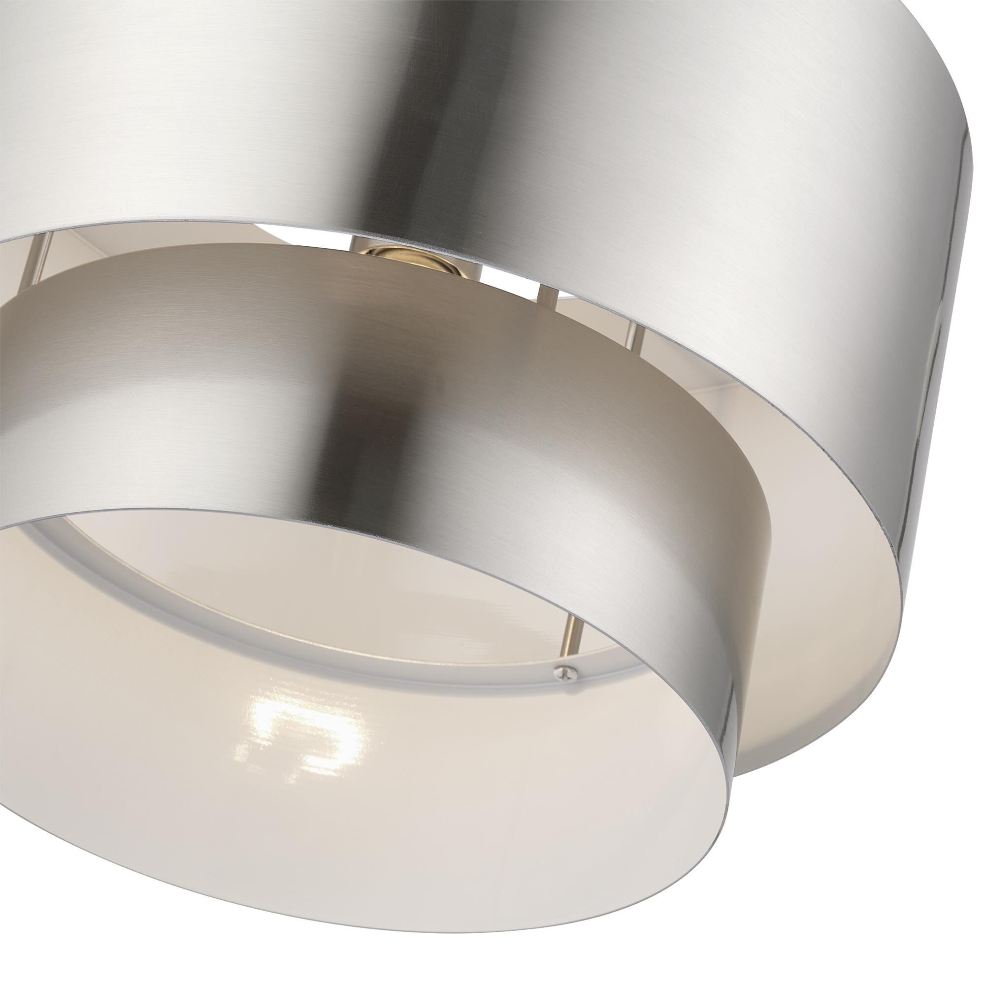 Shown in Brushed Nickel finish and Brushed Nickel Steel with Shiny White Inside shade