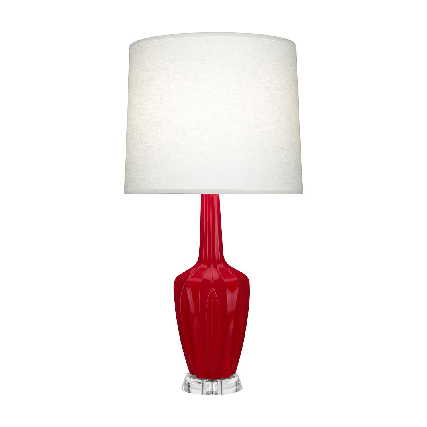 Shown in Ruby Red finish and Off White shade and Polished Nickel with Lucite accent