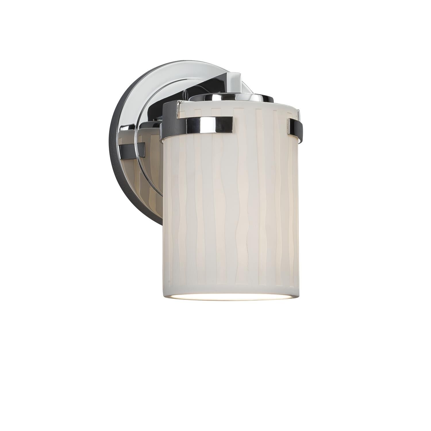 Shown in Polished Chrome finish and Translucent Porcelain glass and Waterfall shade and Cylinder with Flat Rim accent