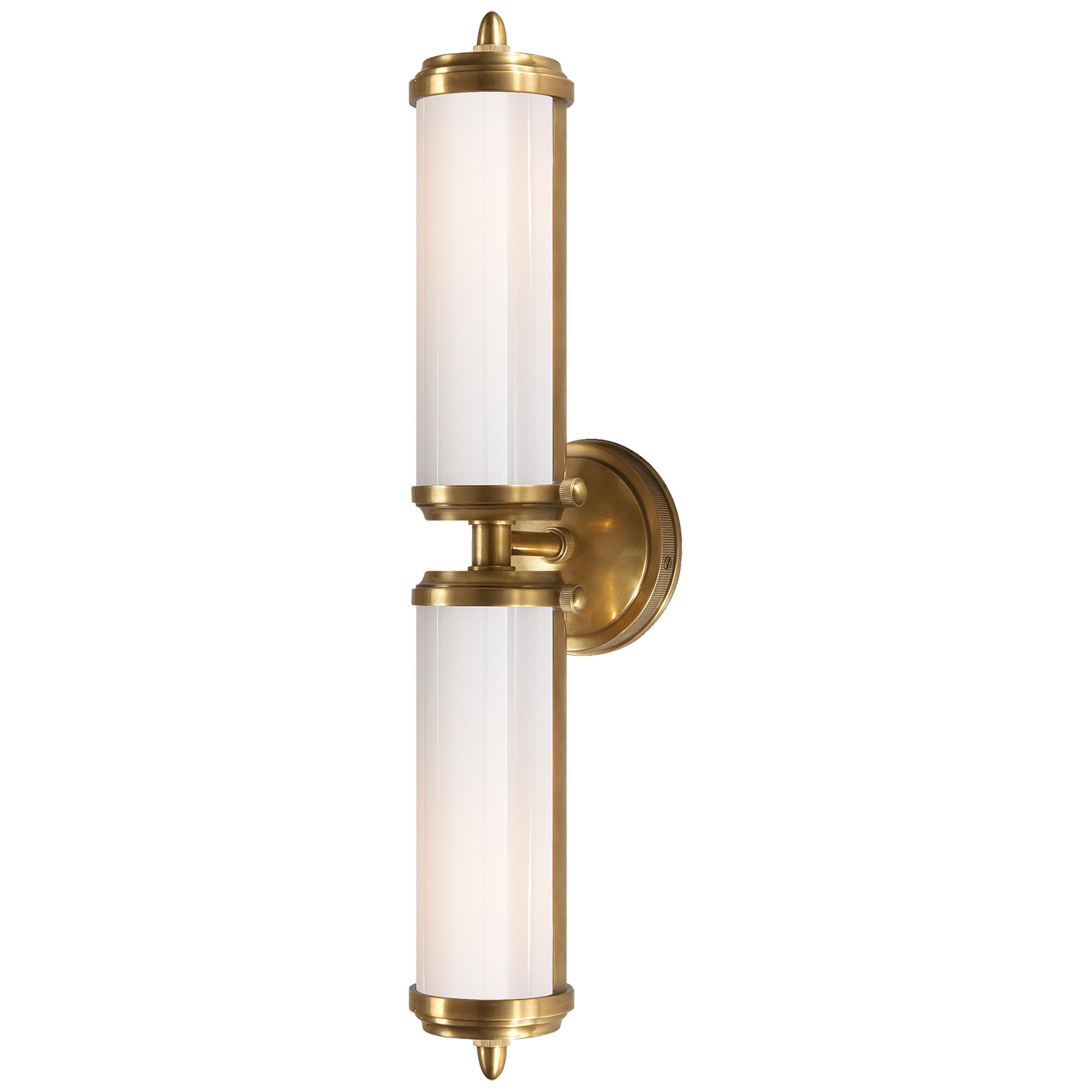 Shown in Hand-Rubbed Antique Brass finish and White glass