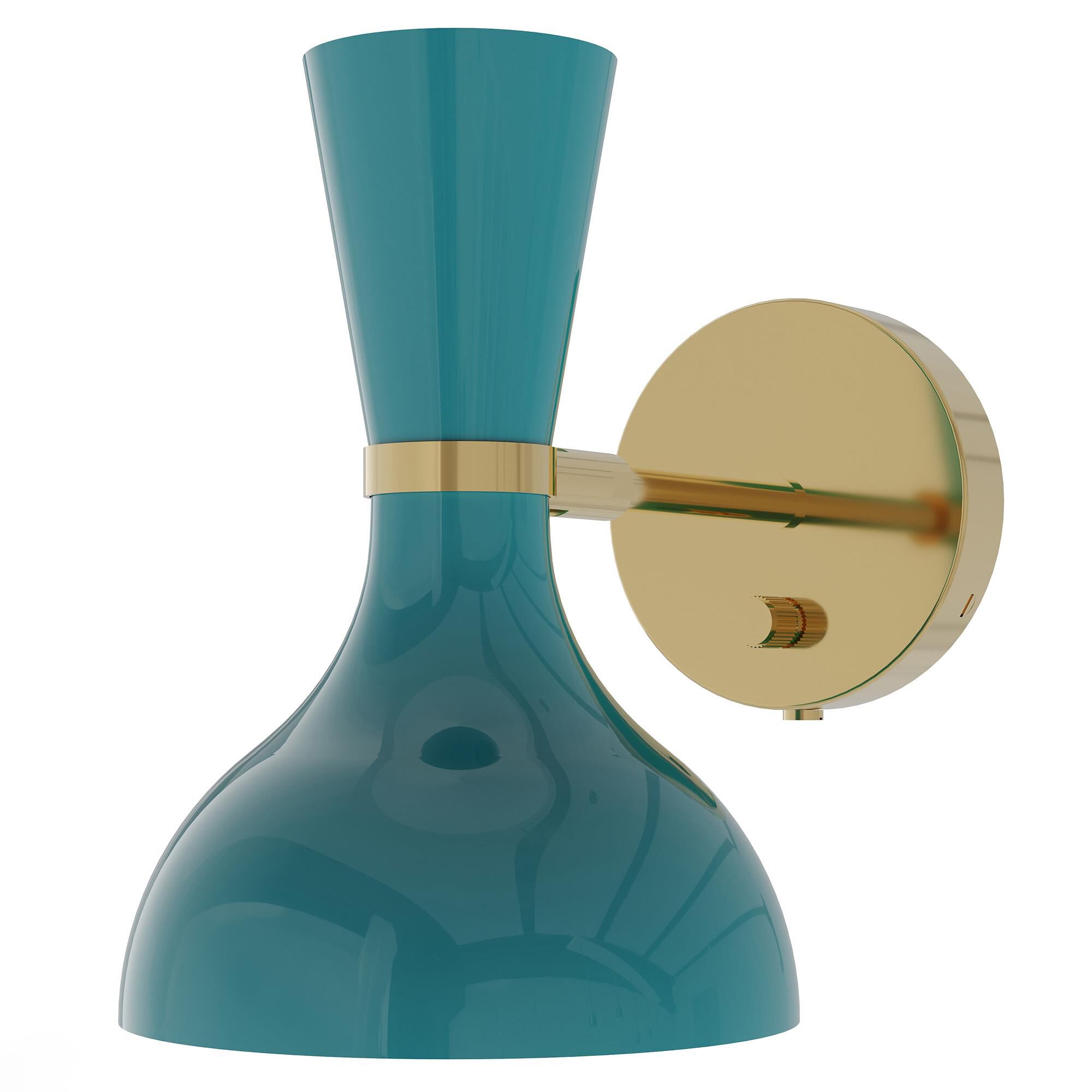 Shown in Modern Brass finish and Peacock shade