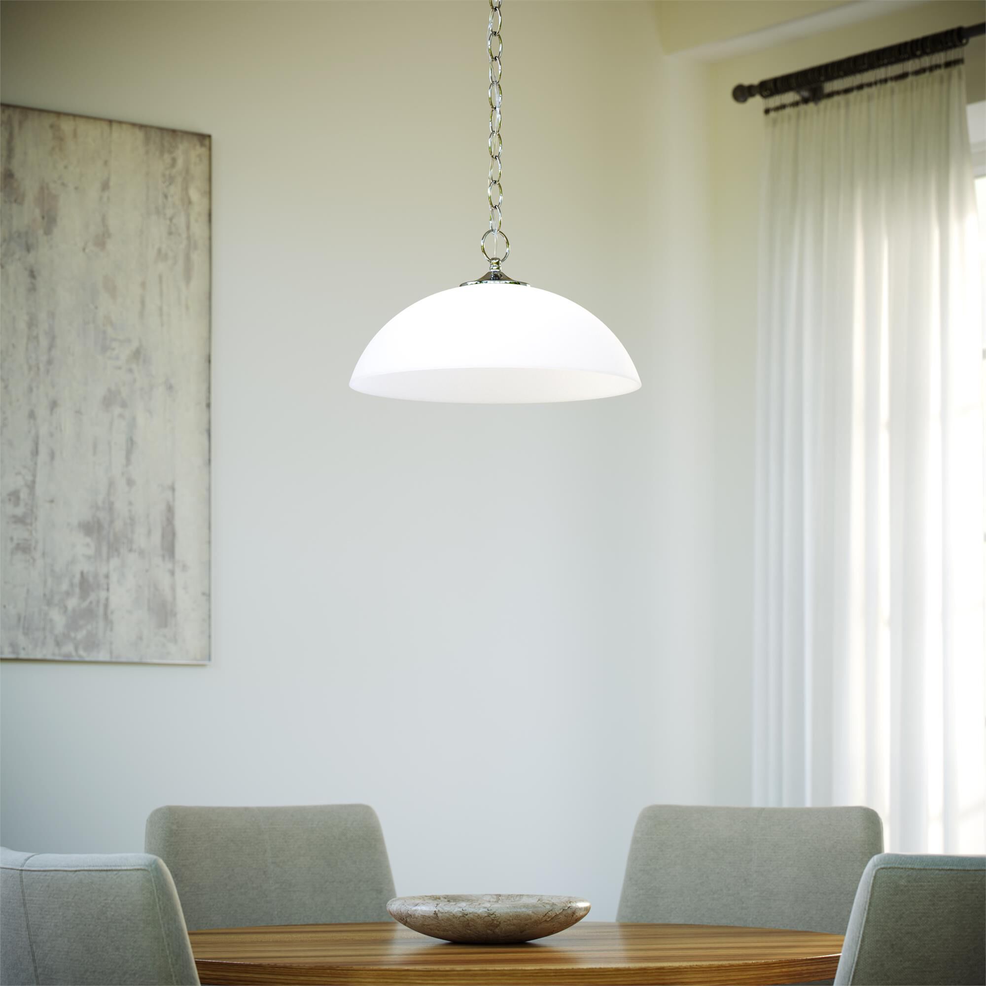 Shown in Brushed Nickel finish and Satin Etched glass