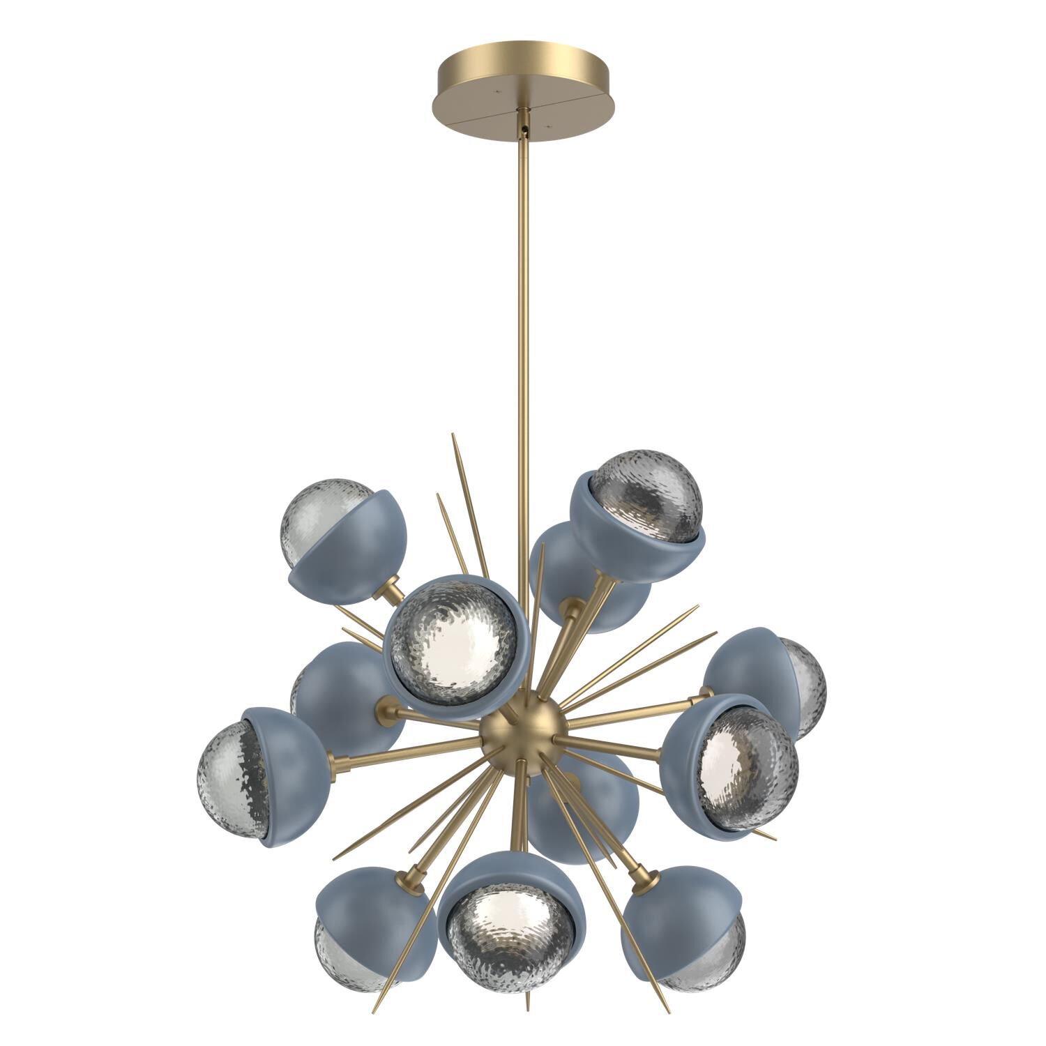 Shown in Gilded Brass finish and Smoke glass and Poppy Blue accent