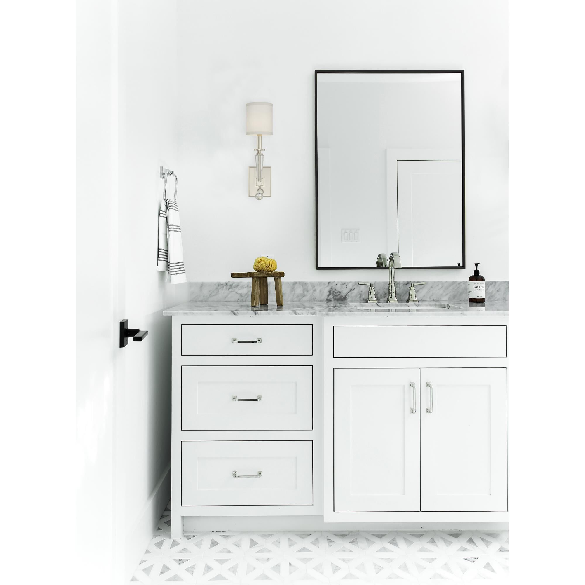 Shown in Polished Nickel finish and Clear Glass Drops crystal and Silk glass and White shade