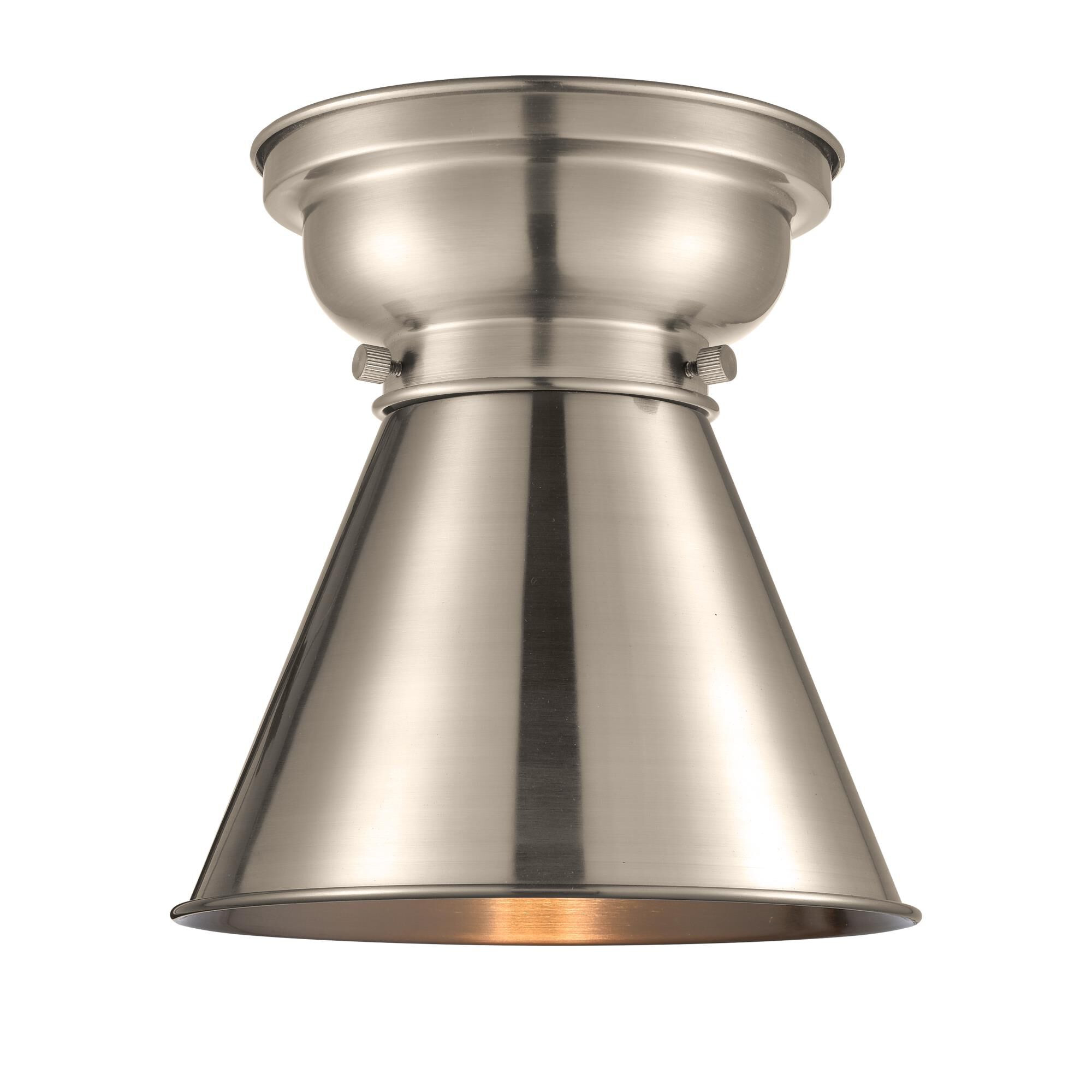 Shown in Brushed Satin Nickel finish and Cone glass and Metal shade