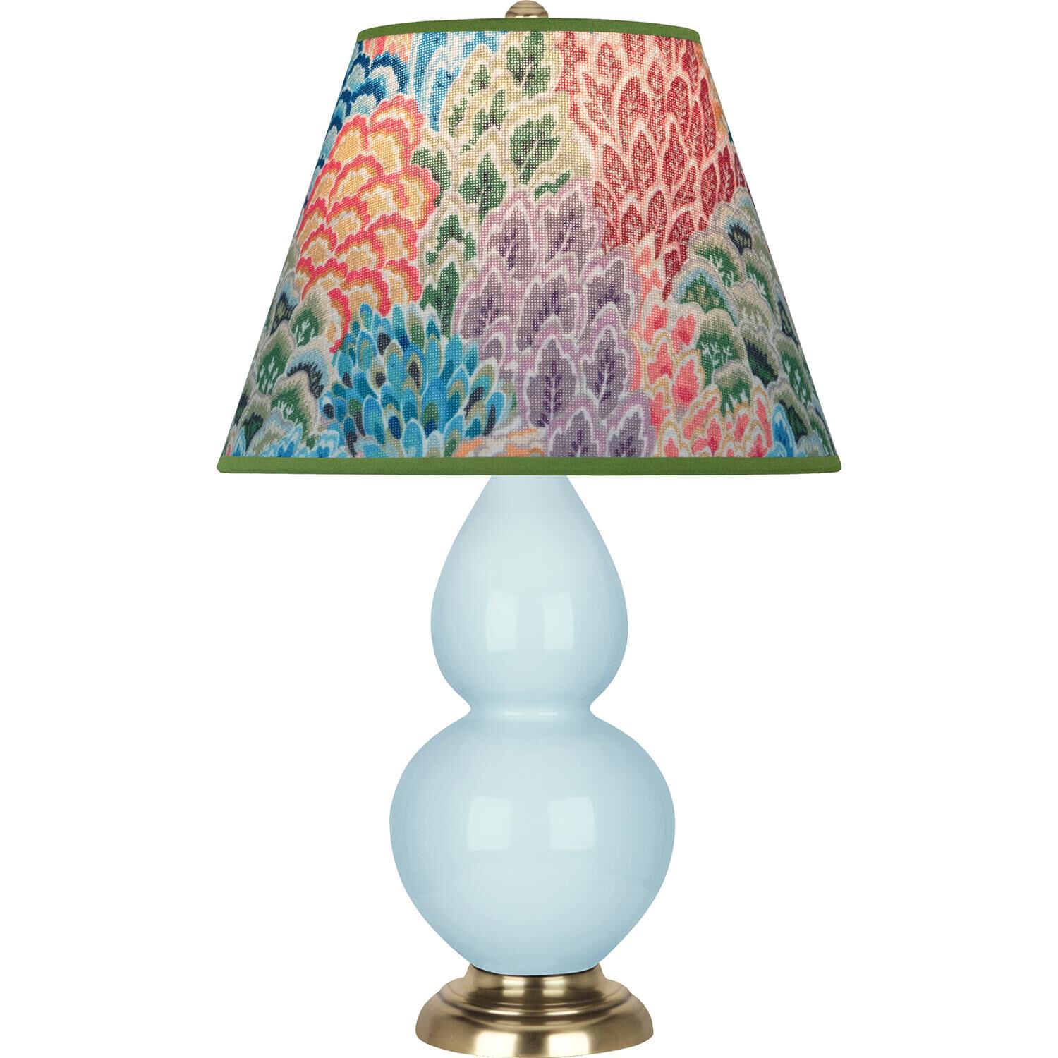 Shown in Baby Blue finish and Multicolor shade and Antique Natural Brass accent