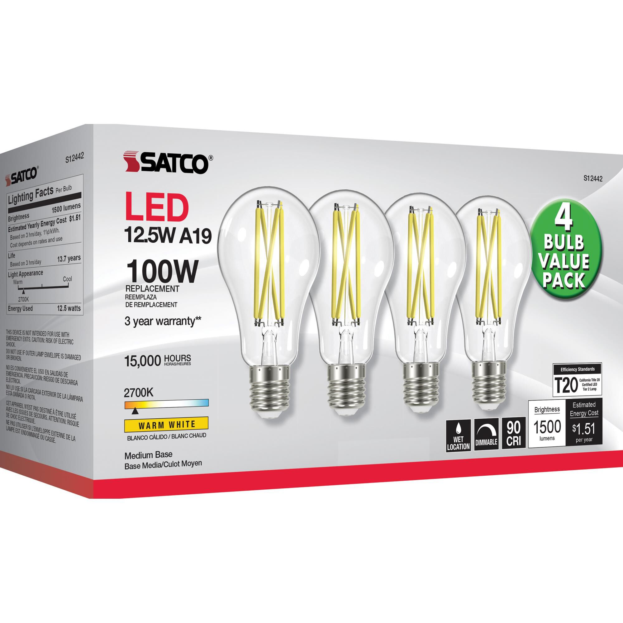 Dimmable 12.5 Watt 2700K A19 LED Light Bulb,