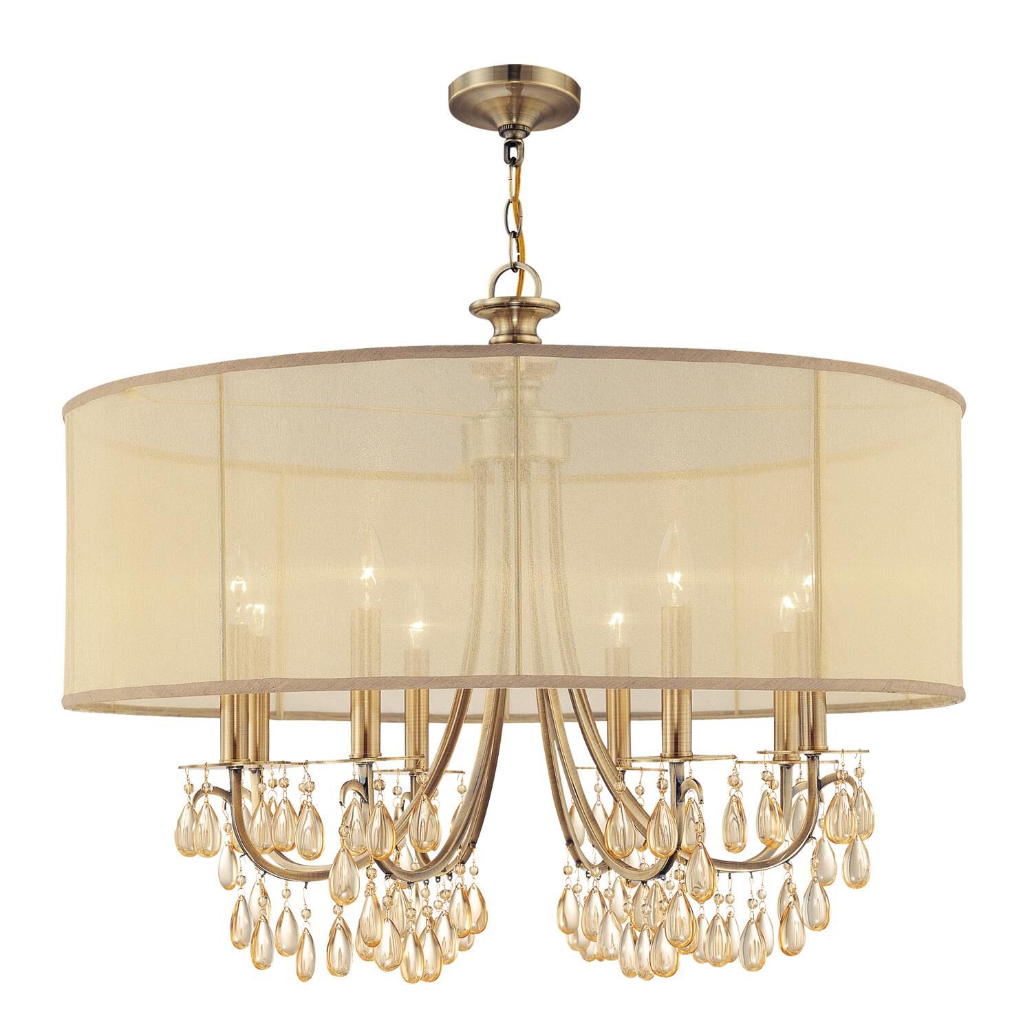 Shown in Antique Brass finish and Etruscan Teardrop Almond crystal and Silk glass and Silk shade