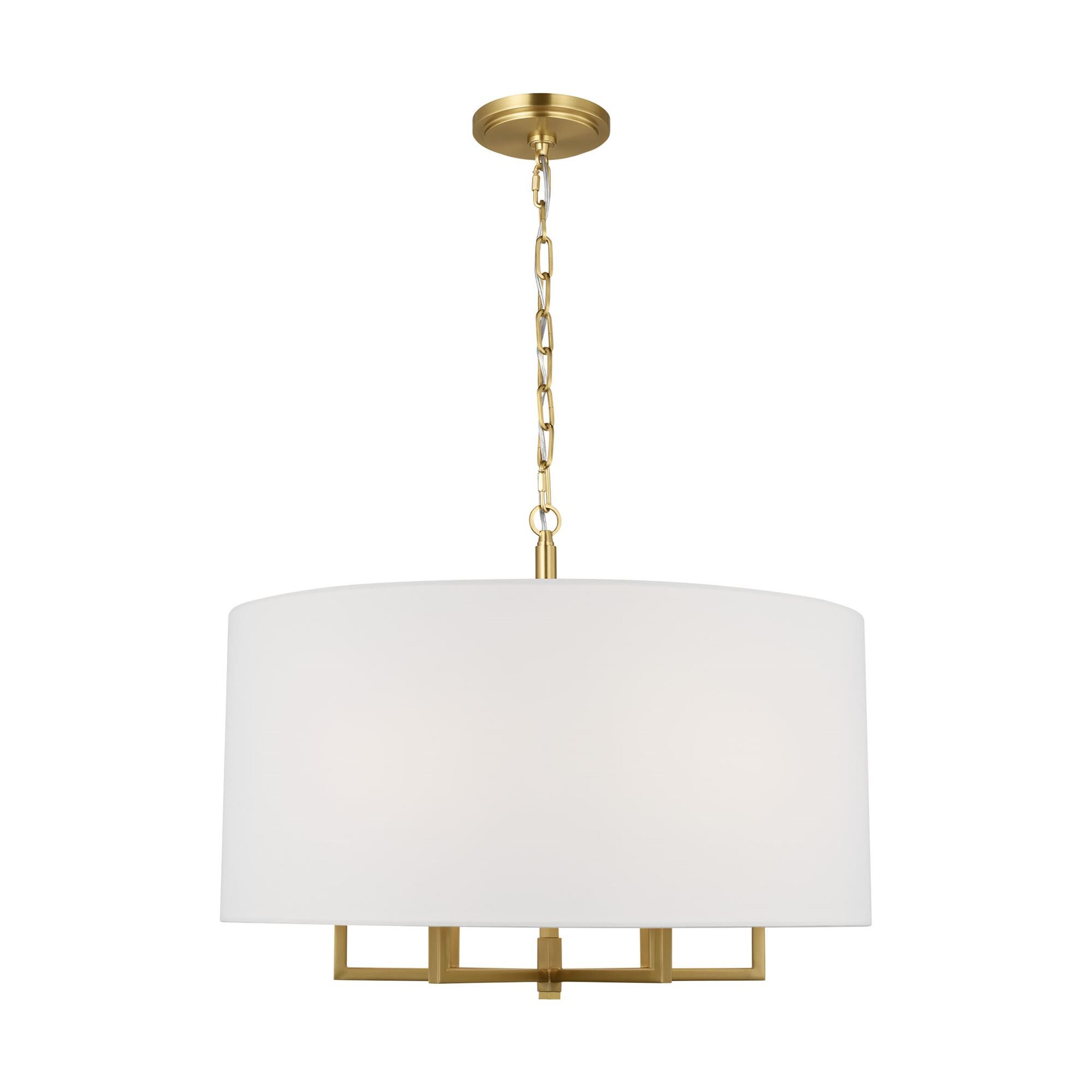 Shown in Burnished Brass finish and White Linen shade