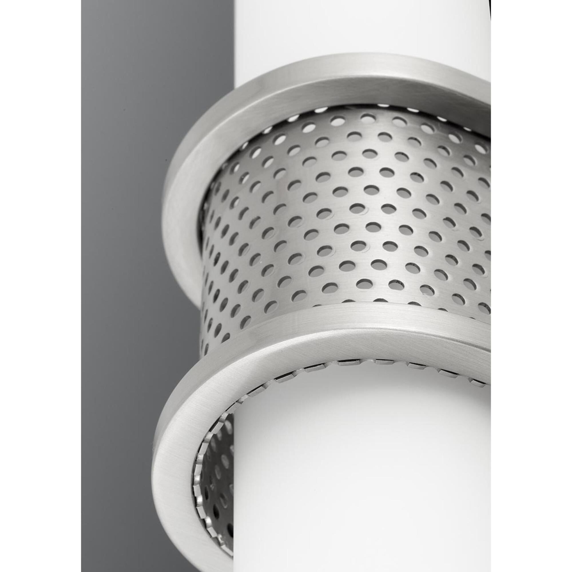 Shown in Brushed Nickel finish and Etched White glass