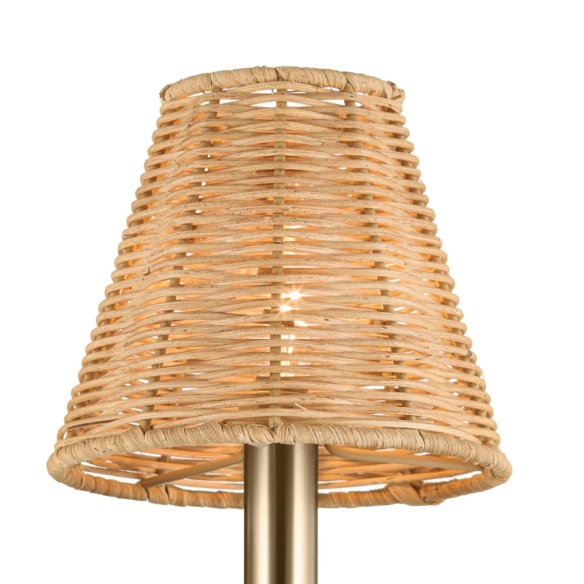 Shown in Champagne Bronze finish and Rattan Textured shade