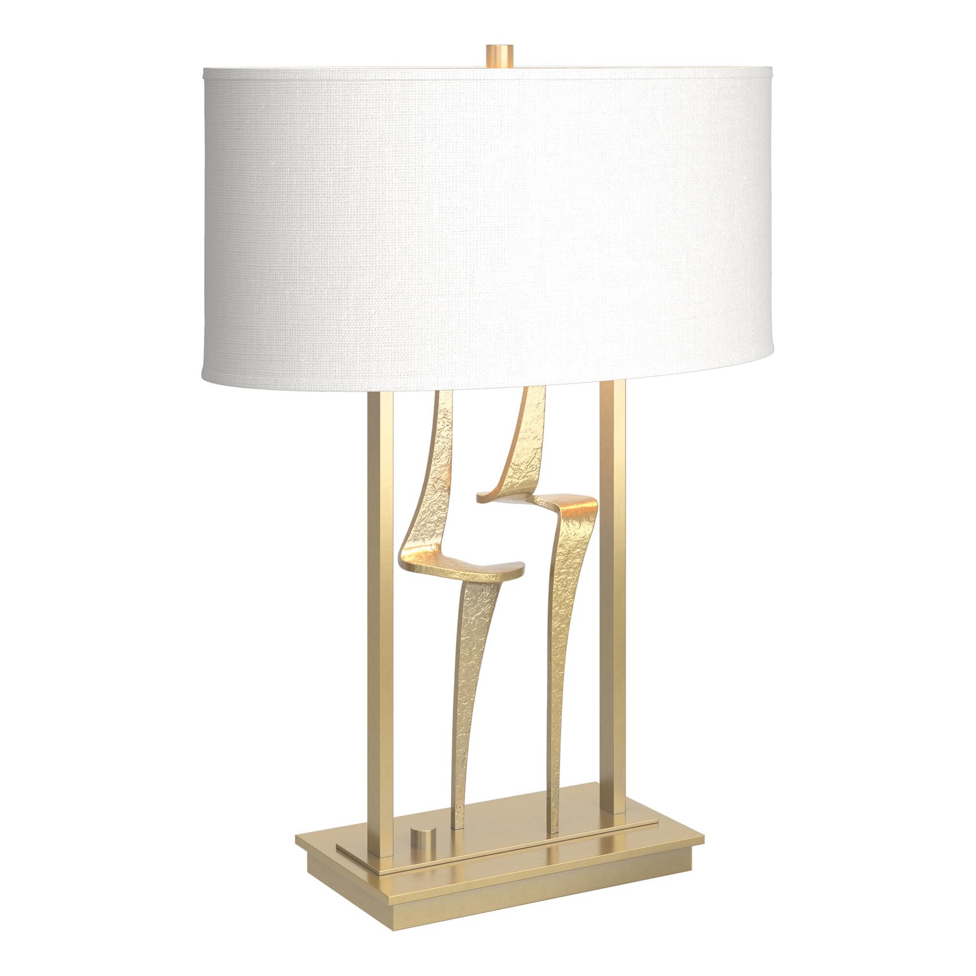 Shown in Modern Brass finish and Natural Anna shade