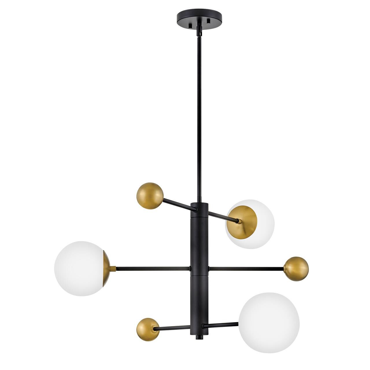 Shown in Black finish and Etched Opal glass and Lacquered Brass accent