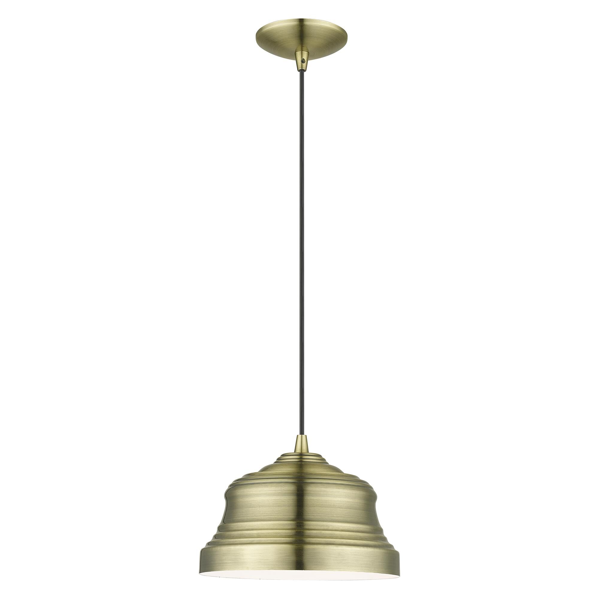 Shown in Antique Brass finish and Antique Brass Steel with Shiny White Finish Inside shade