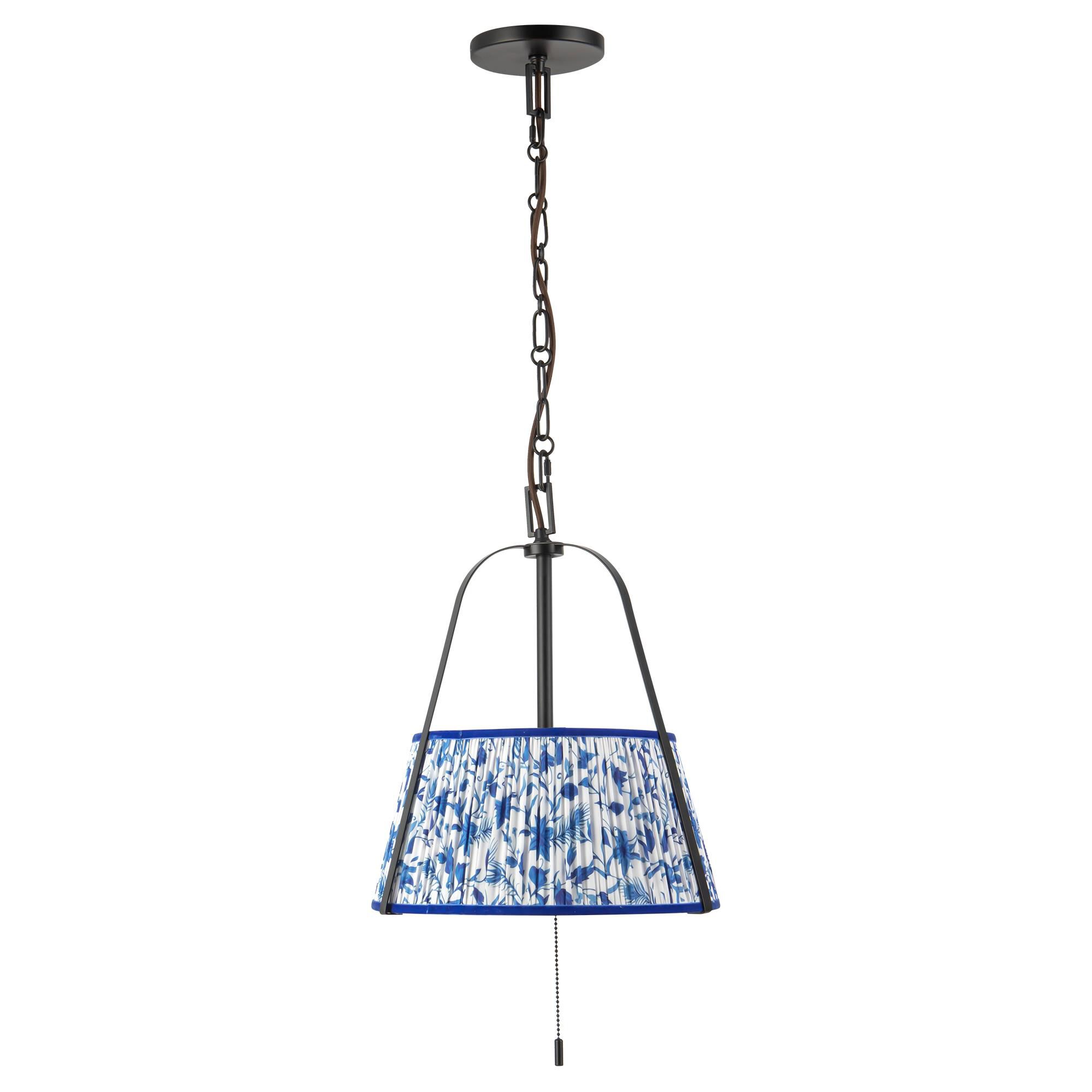 Shown in Matte Black finish and Blue Linen shade