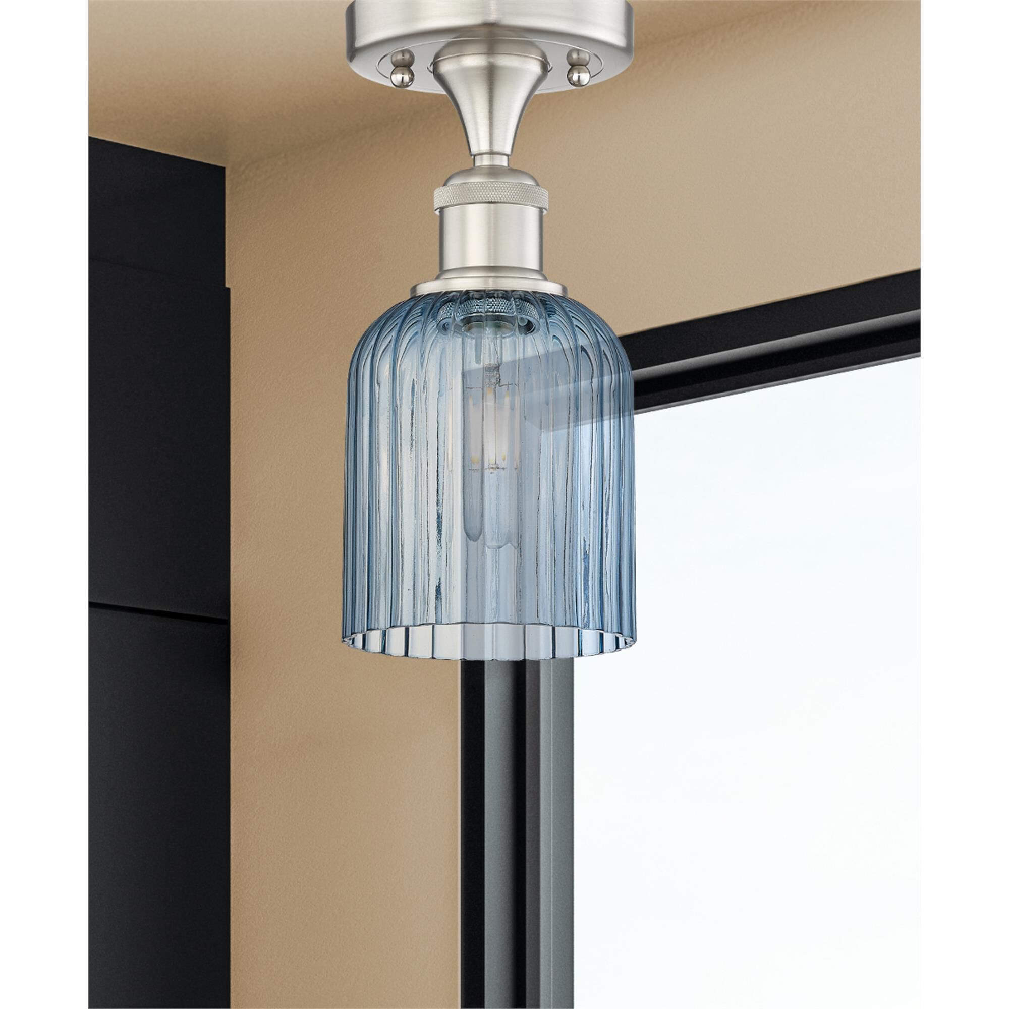 Shown in Satin Nickel finish and Princess Blue glass