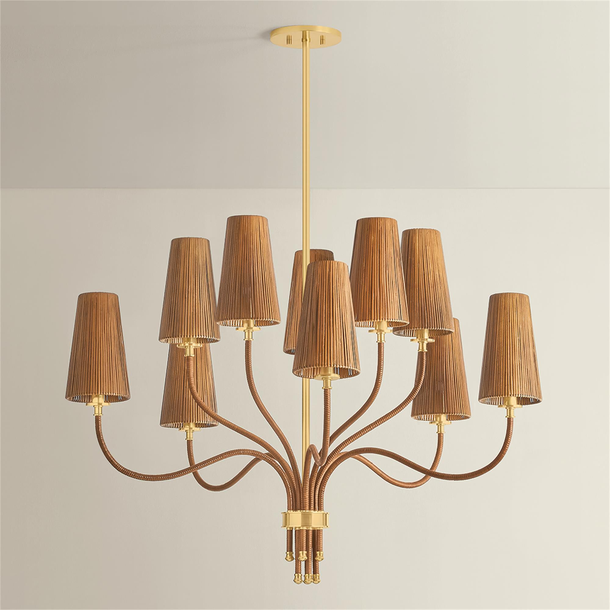 Shown in Aged Brass finish and Natural Woven Rattan shade