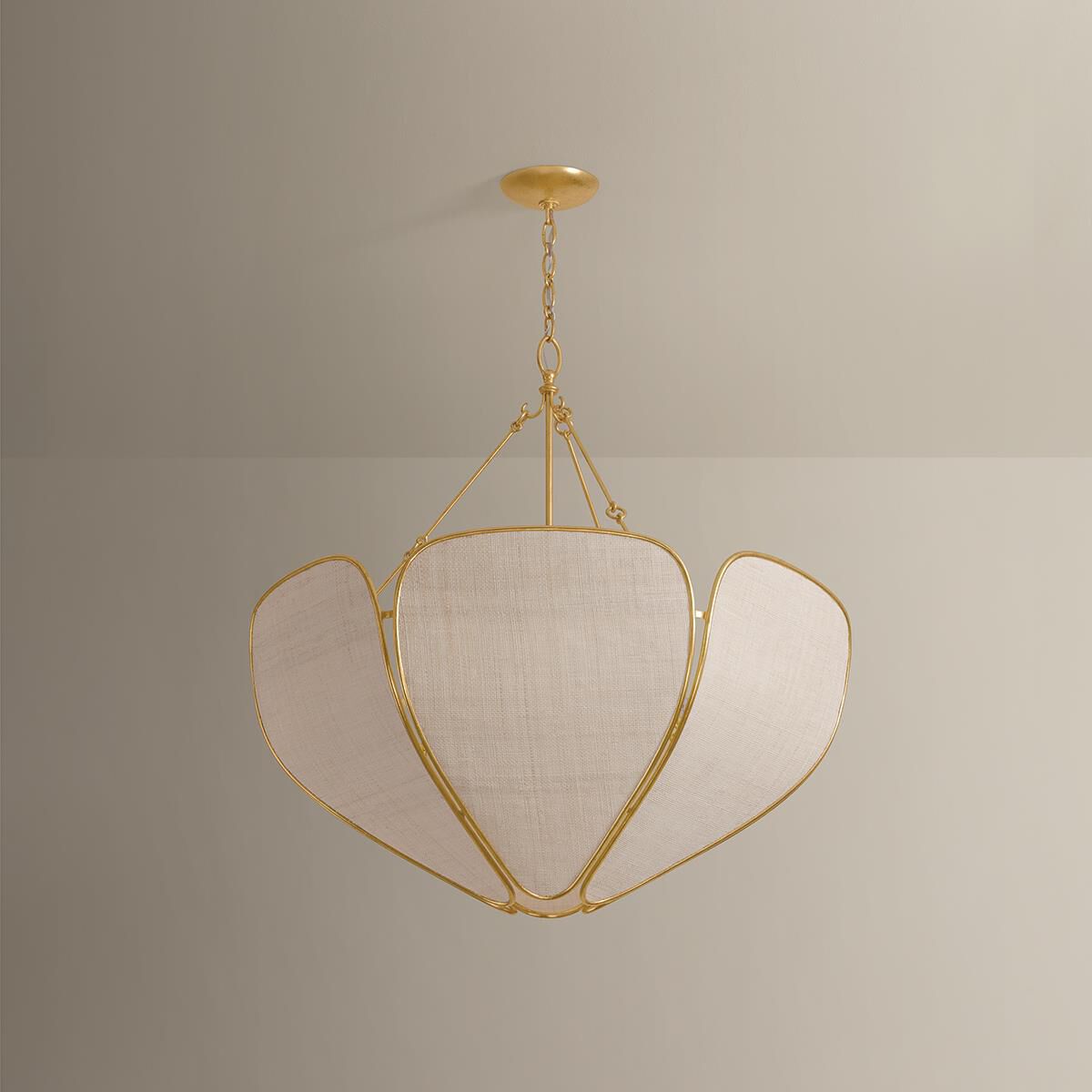 Shown in Vintage Gold Leaf finish and Natural Woven Saguran shade