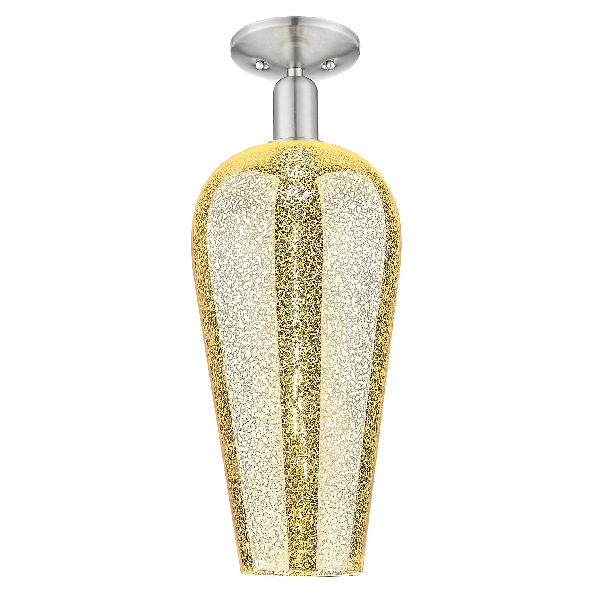 Shown in Brushed Satin Nickel finish and Mercury Deco Swirl glass