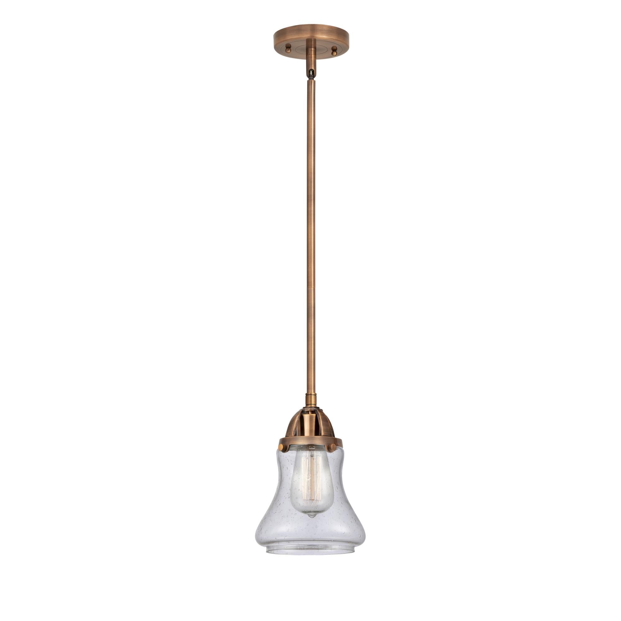 Shown in Antique Copper finish and Seedy Bellmont glass and No Shade shade